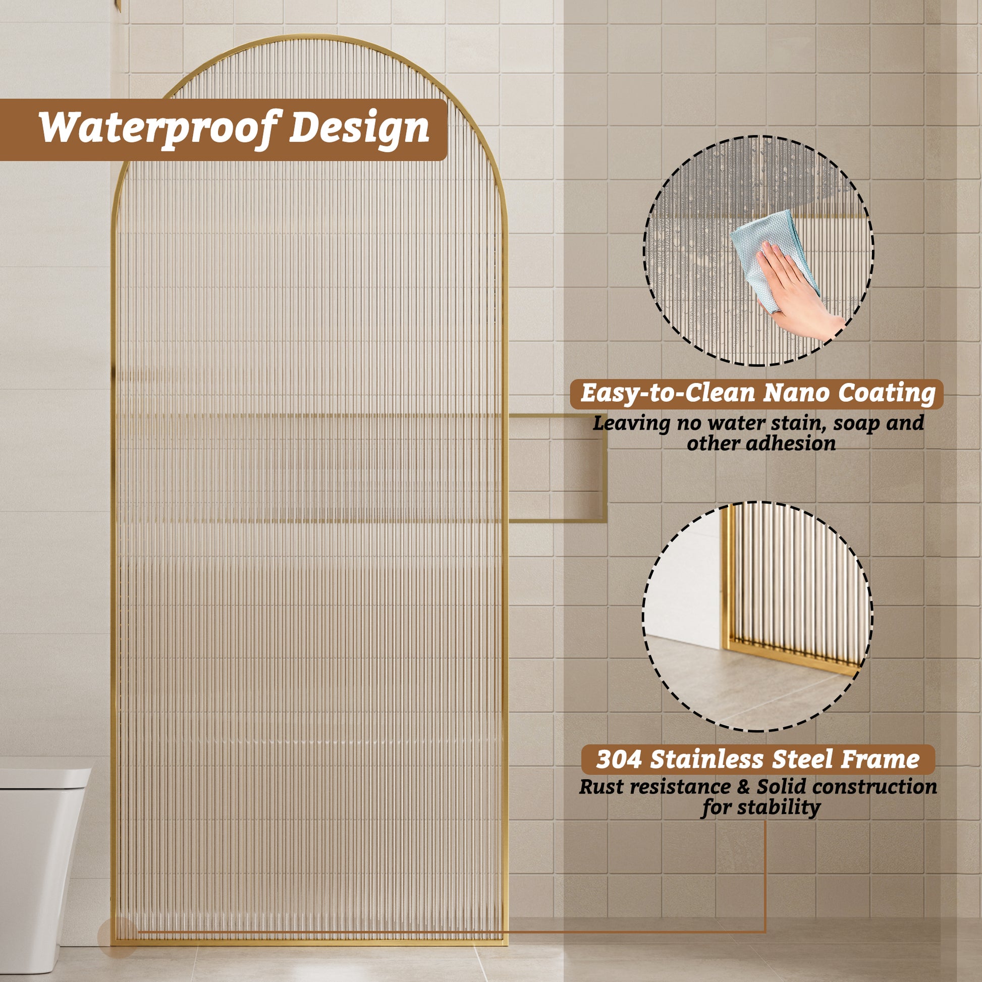 34"x78" Curved Frosted Glass Shower Screen with 10mm SGCC-Certified Tempered Glass