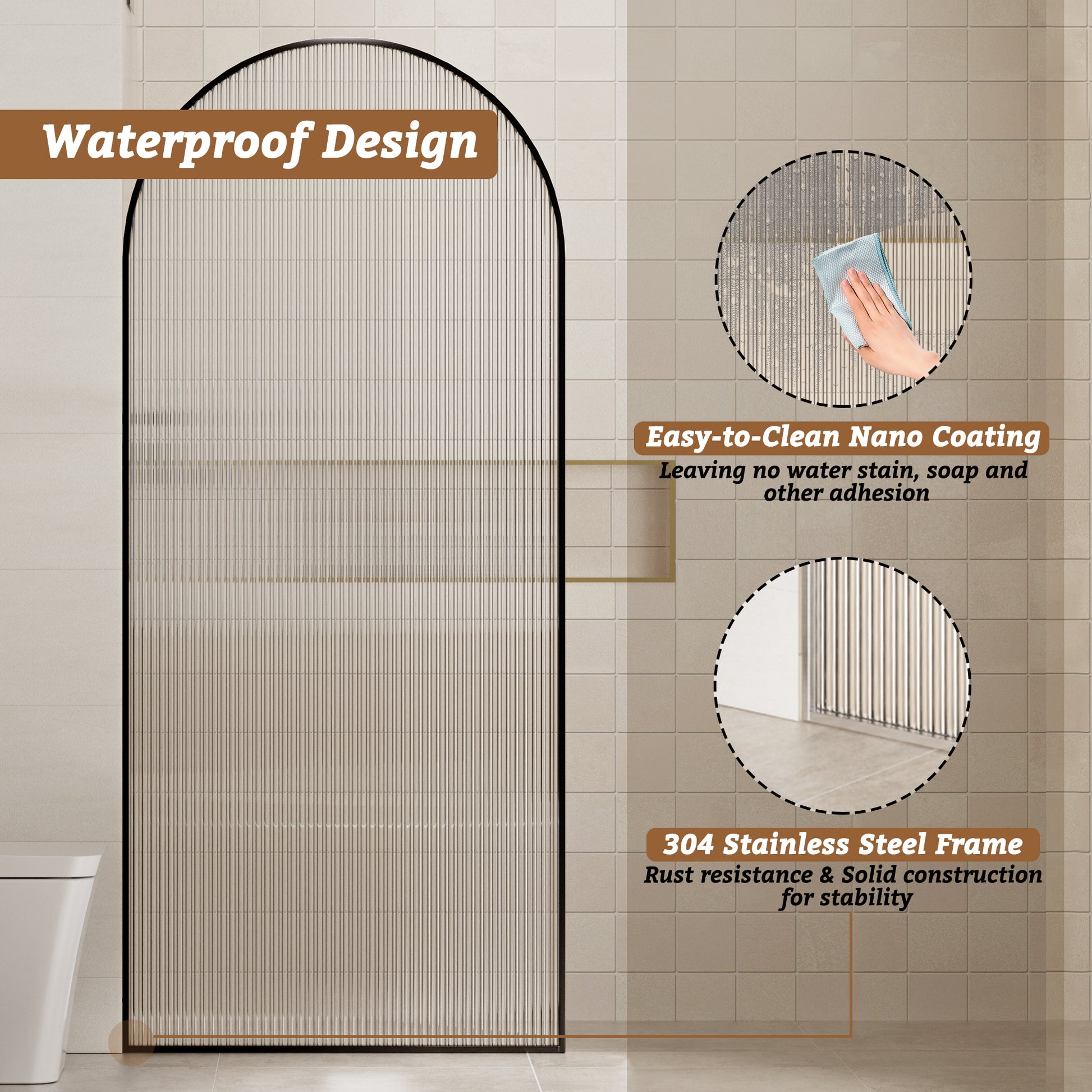 34"x78" Curved Frosted Glass Shower Screen with 10mm SGCC-Certified Tempered Glass