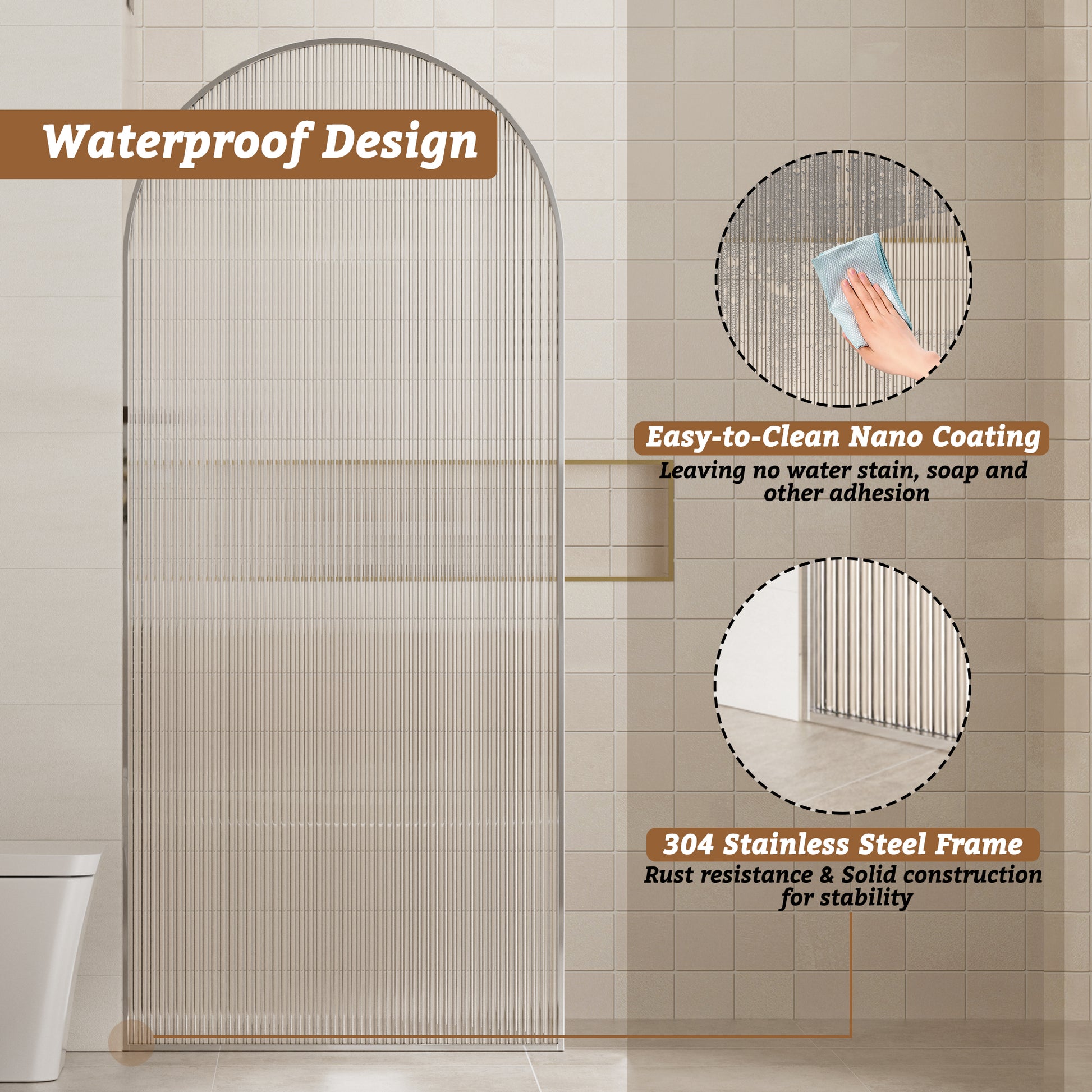 34"x78" Curved Frosted Glass Shower Screen with 10mm SGCC-Certified Tempered Glass