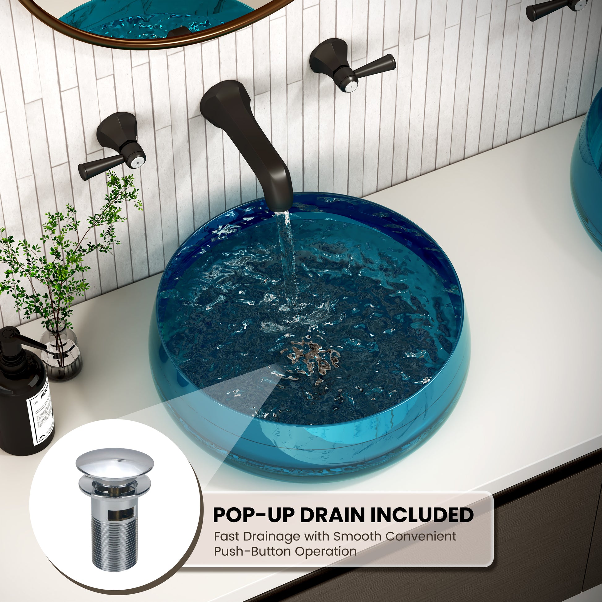 17.7" Round Transparent Resin Bathroom Vessel Sink with Drainer