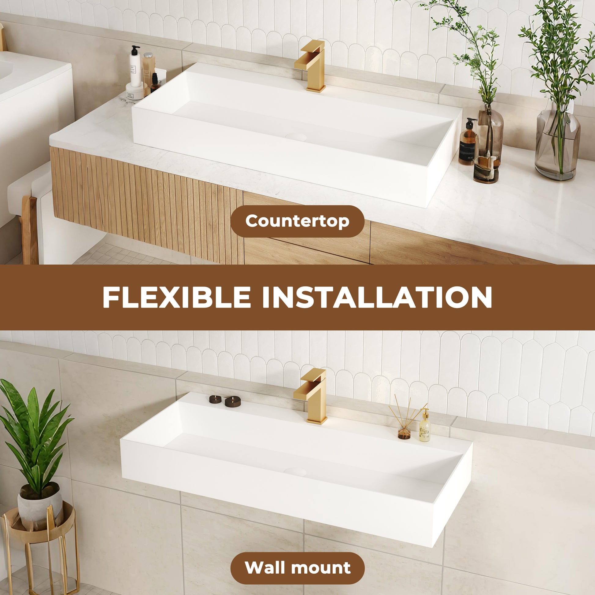30"/42" Solid Surface Sink Wall Mount Stone Resin Bathroom Sink