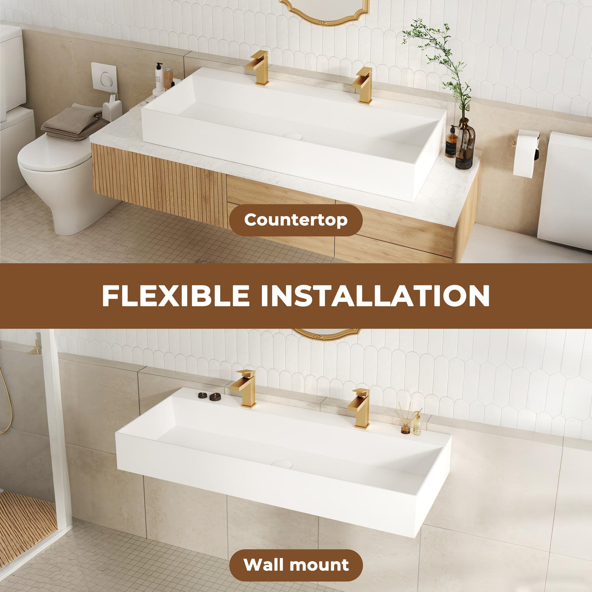 48" Wall Mounted Solid Surface Sink with 2 Faucet Holes