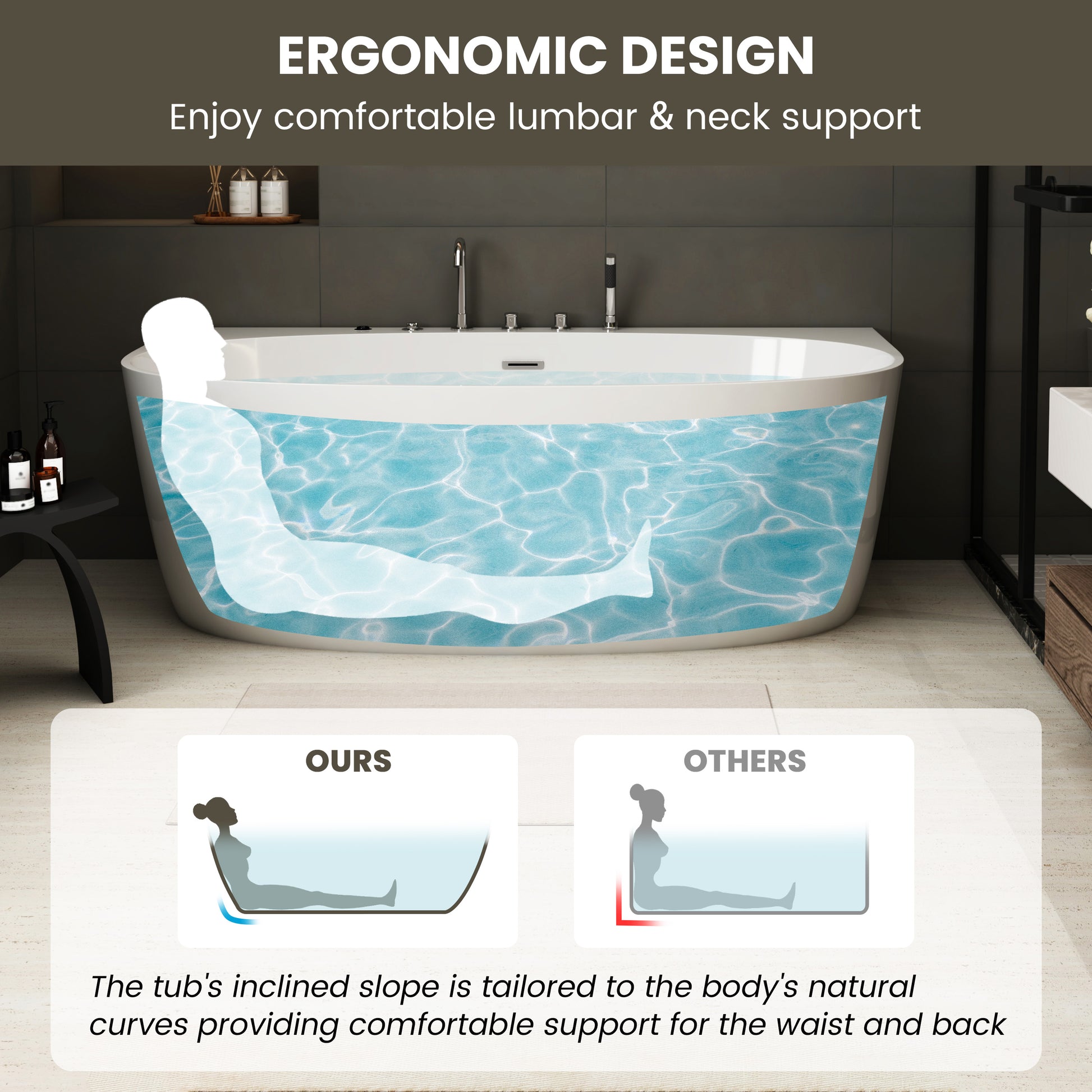 67" Freestanding Whirlpool Bathtub with 6 Hydro Jets & LED Mood Lighting