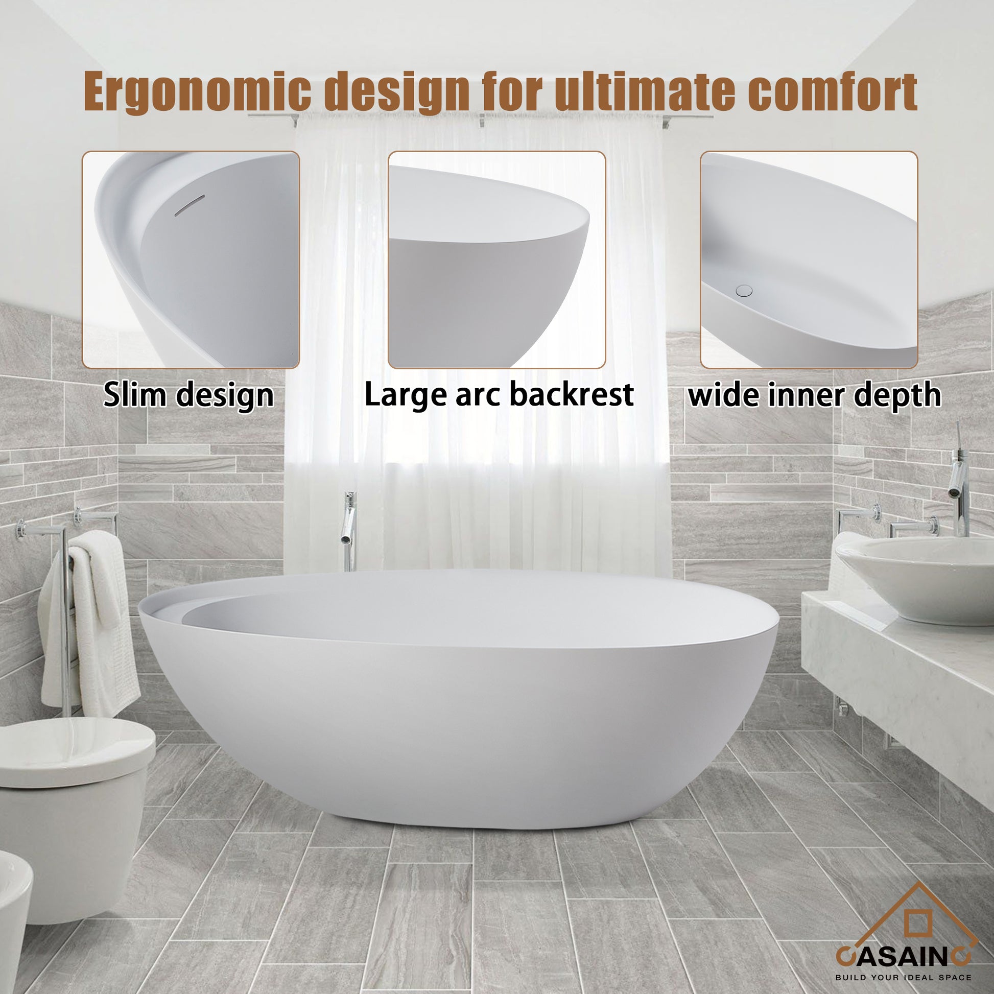 CASAINC 67" Solid Surface Freestanding Bathtub,Egg Shell Shaped Stone Resin Freestanding Tubs with Overflow and  Drain, Matte Black, Matte Grey, Matte White