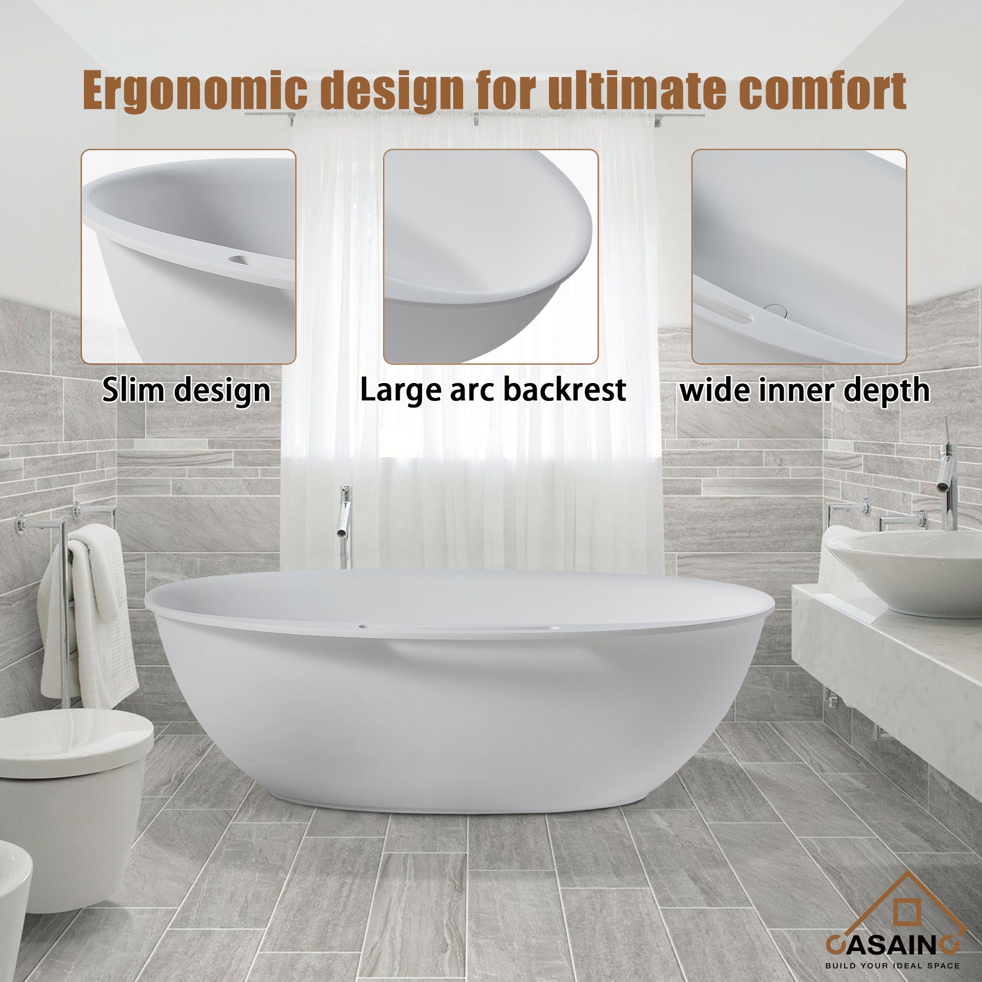 CASAINC 63" Solid Surface Freestanding Bathtub,Oval Shaped Stone Resin Freestanding Tubs with Overflow and  Drain, Matte Black, Matte Grey, Matte White