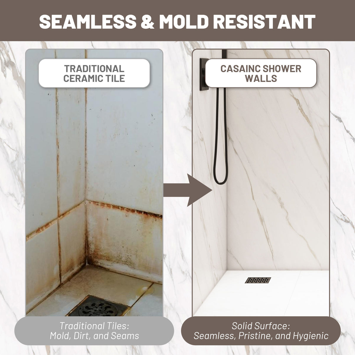 4-Piece Warm Gray Marble Solid Surface Shower Wall Panels for Luxury Shower Spaces