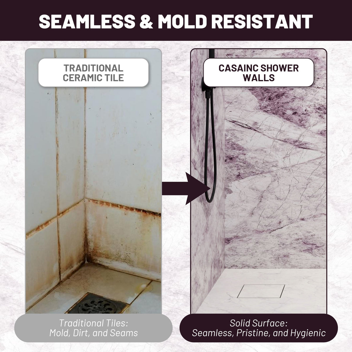 4-Piece Solid Surface Shower Wall Panels with Lavender Marble Pattern