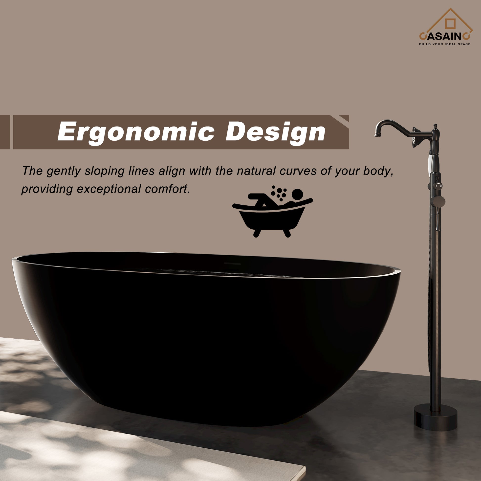 65" Solid Surface Freestanding Bathtub in (Matte Black& Grey)