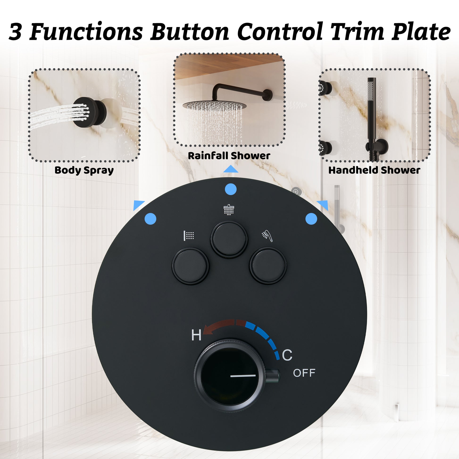 12" Round Rainfall Shower System with 6 Adjustable Body Jets