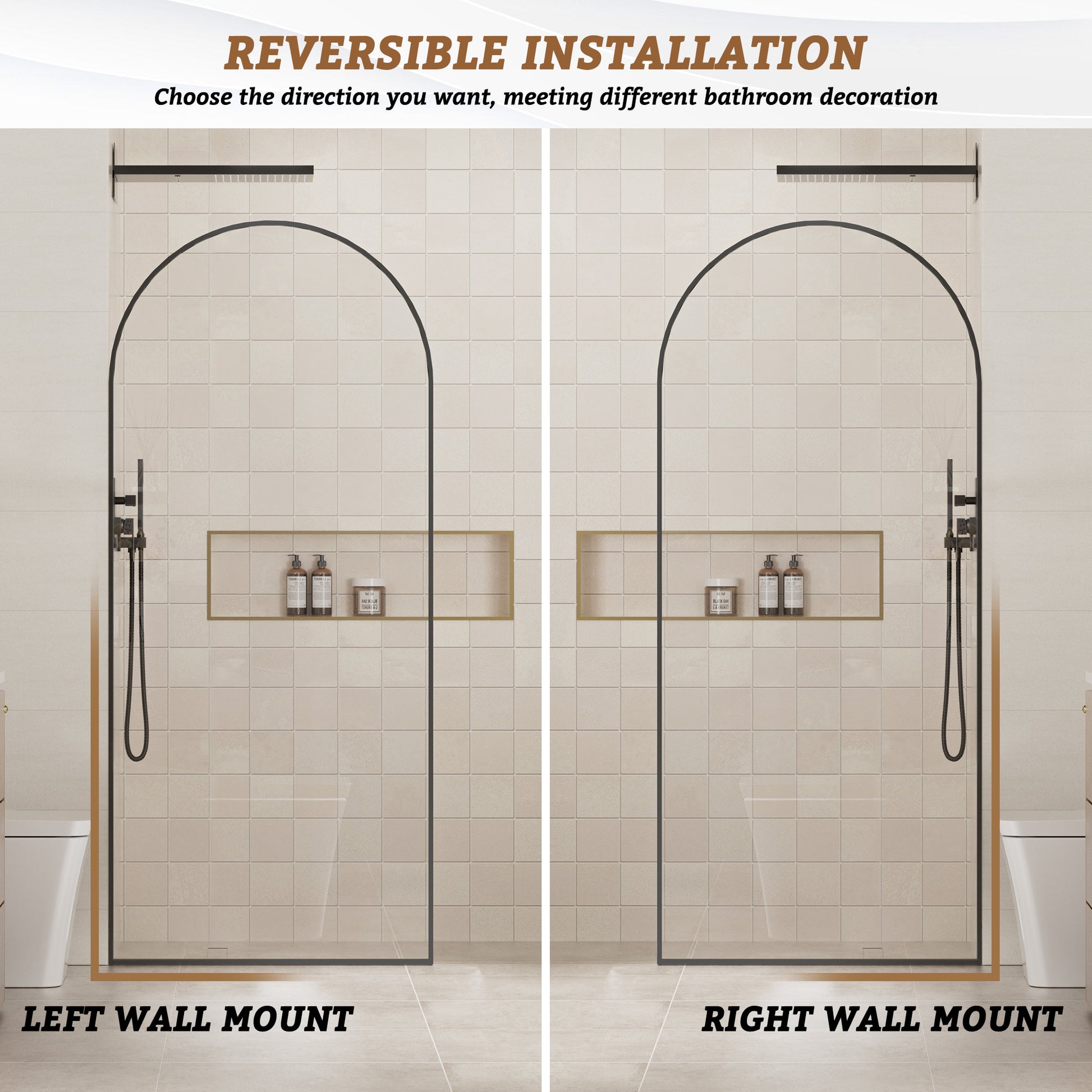 34"x78" Tempered Glass Shower Screen with Integrated Curved Frame