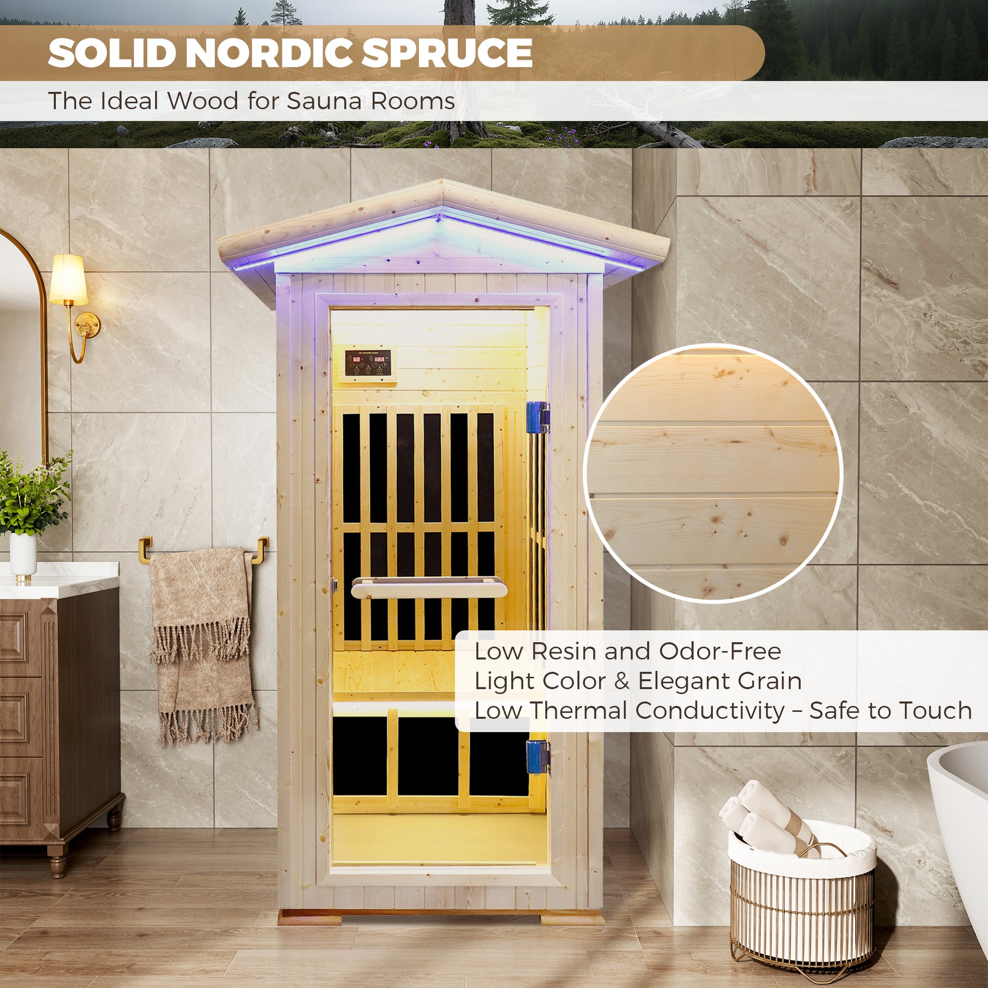 1-Person Spruce Outdoor Infrared Sauna with Bluetooth & Ambient Lighting