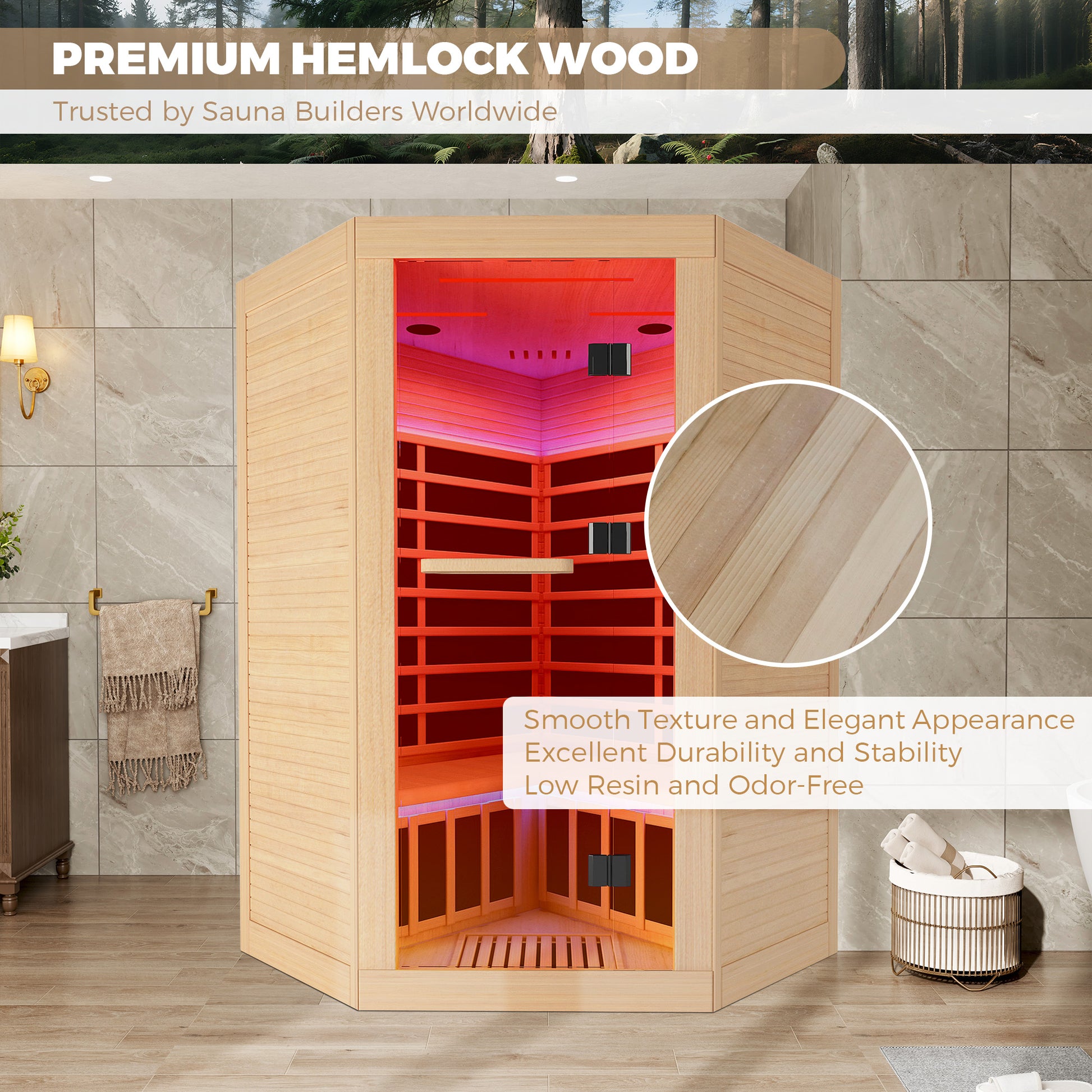 Canadian Hemlock 2-Person Infrared Corner Sauna with Chromotherapy & Bluetooth