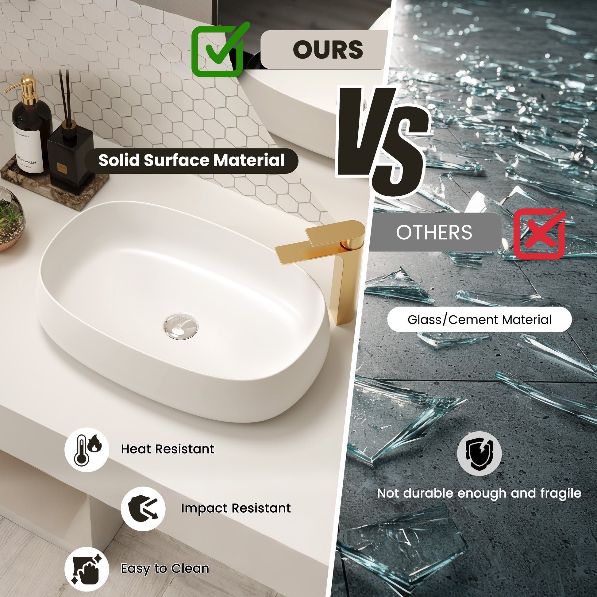 23" Oval Shape Solid Surface Bathroom Sink in Matte White