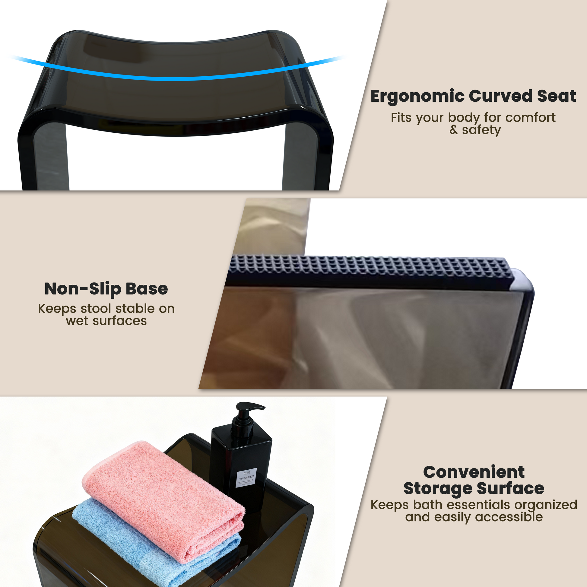 Resin Stone Freestanding Shower Stool with Gently Curved Seat