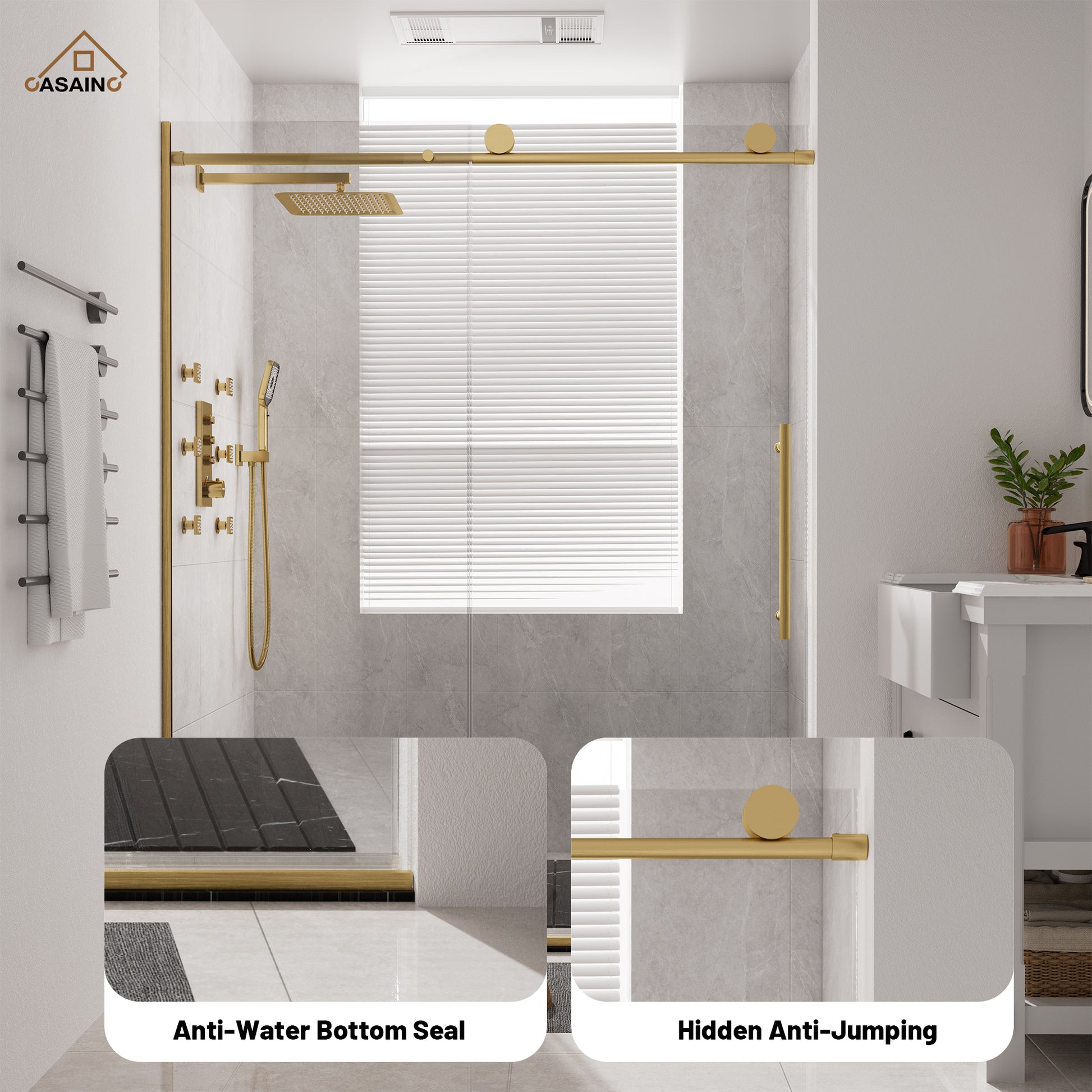 60"x76" Frameless Shower Door with Single Slide and Cushioned Enclosure in Chrome/Brushed Gold