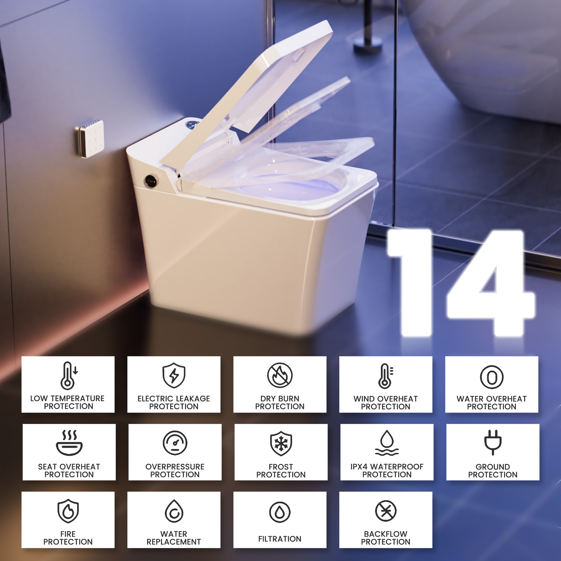 Elongated White Square-Shaped Tankless Smart Bidet Toilet