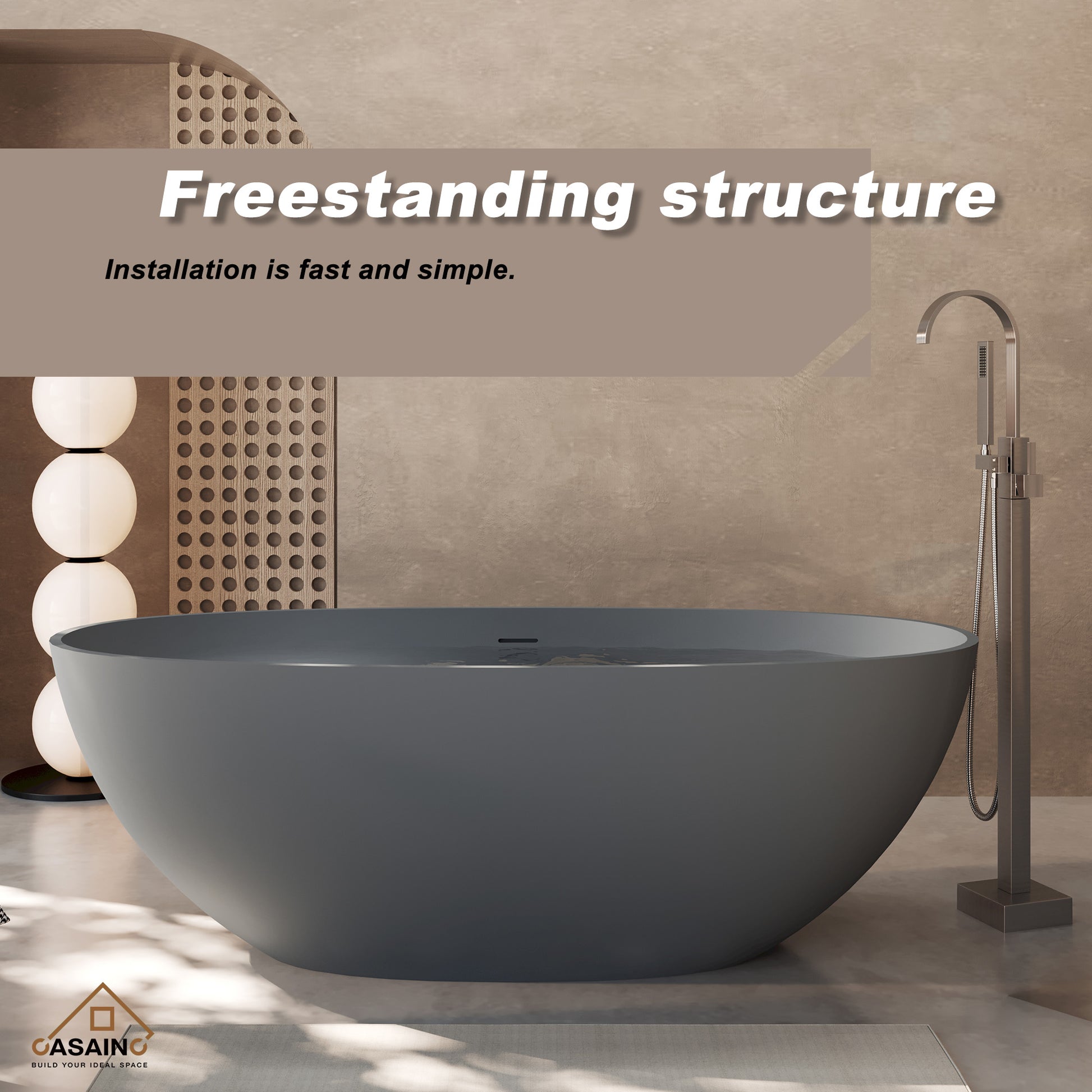65" Solid Surface Freestanding Bathtub in (Matte Black& Grey)