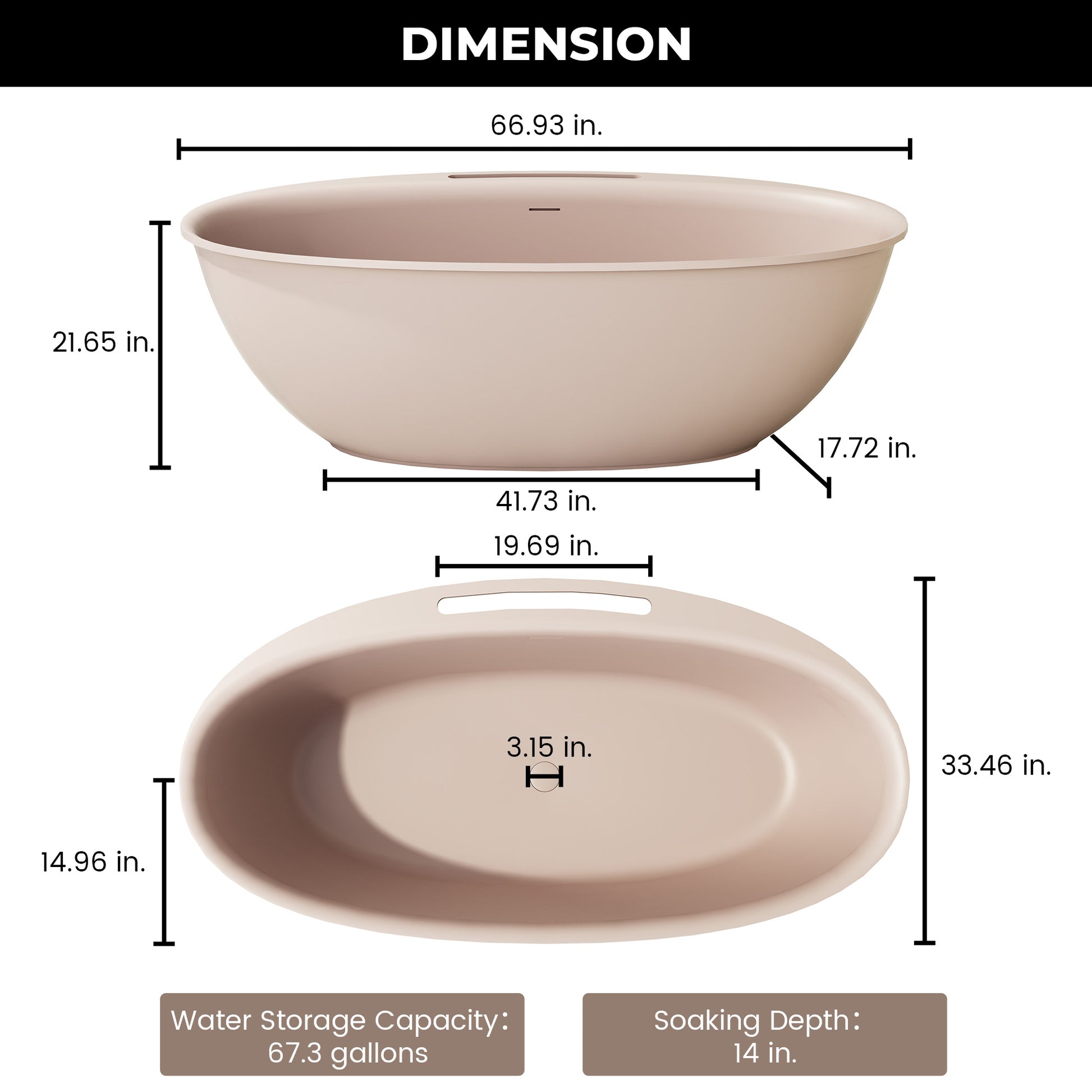 63"/67" Solid Surface Freestanding Matte Bathtub with Rim Towel Slot