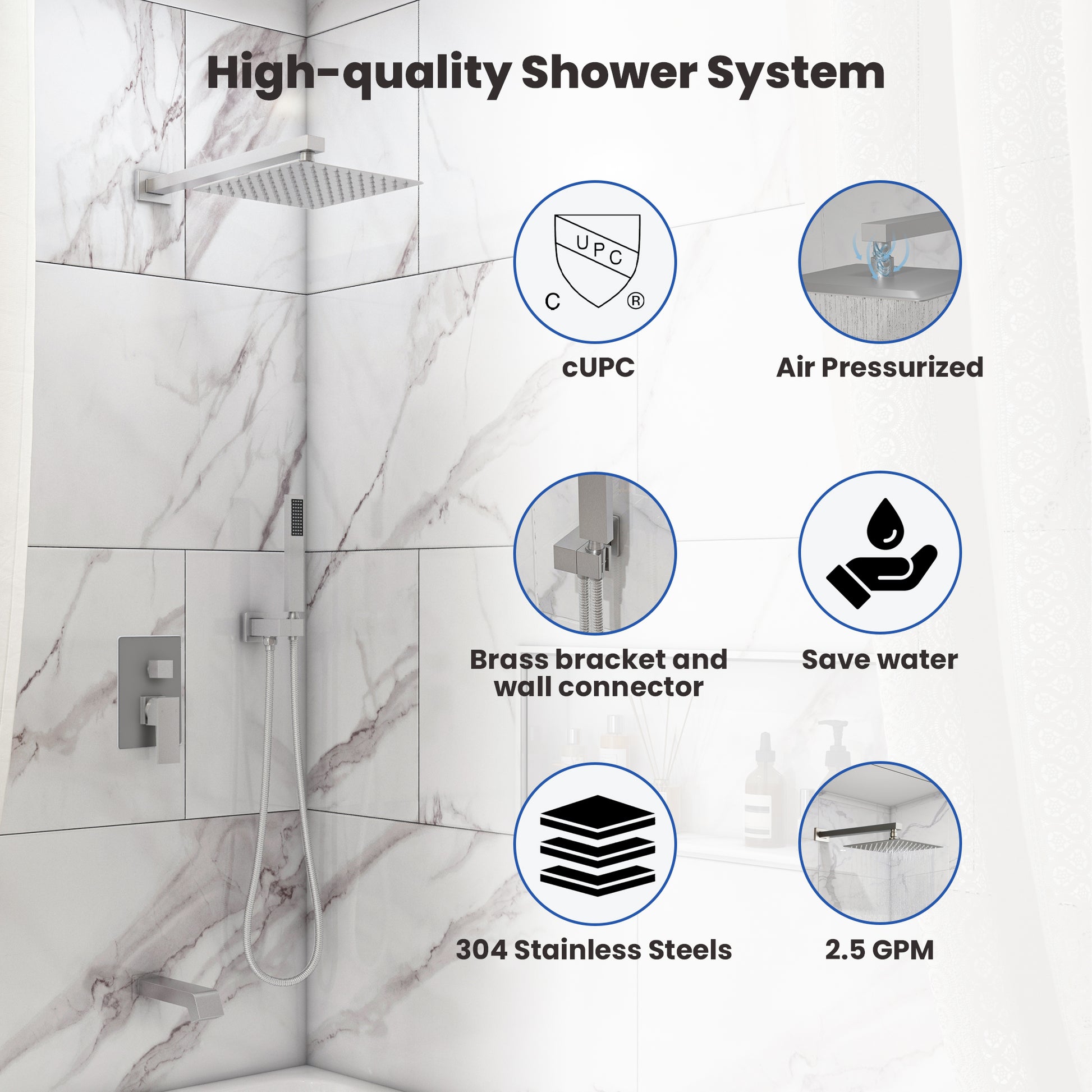 10" Three Function Pressure Balance Shower System with Valve Included