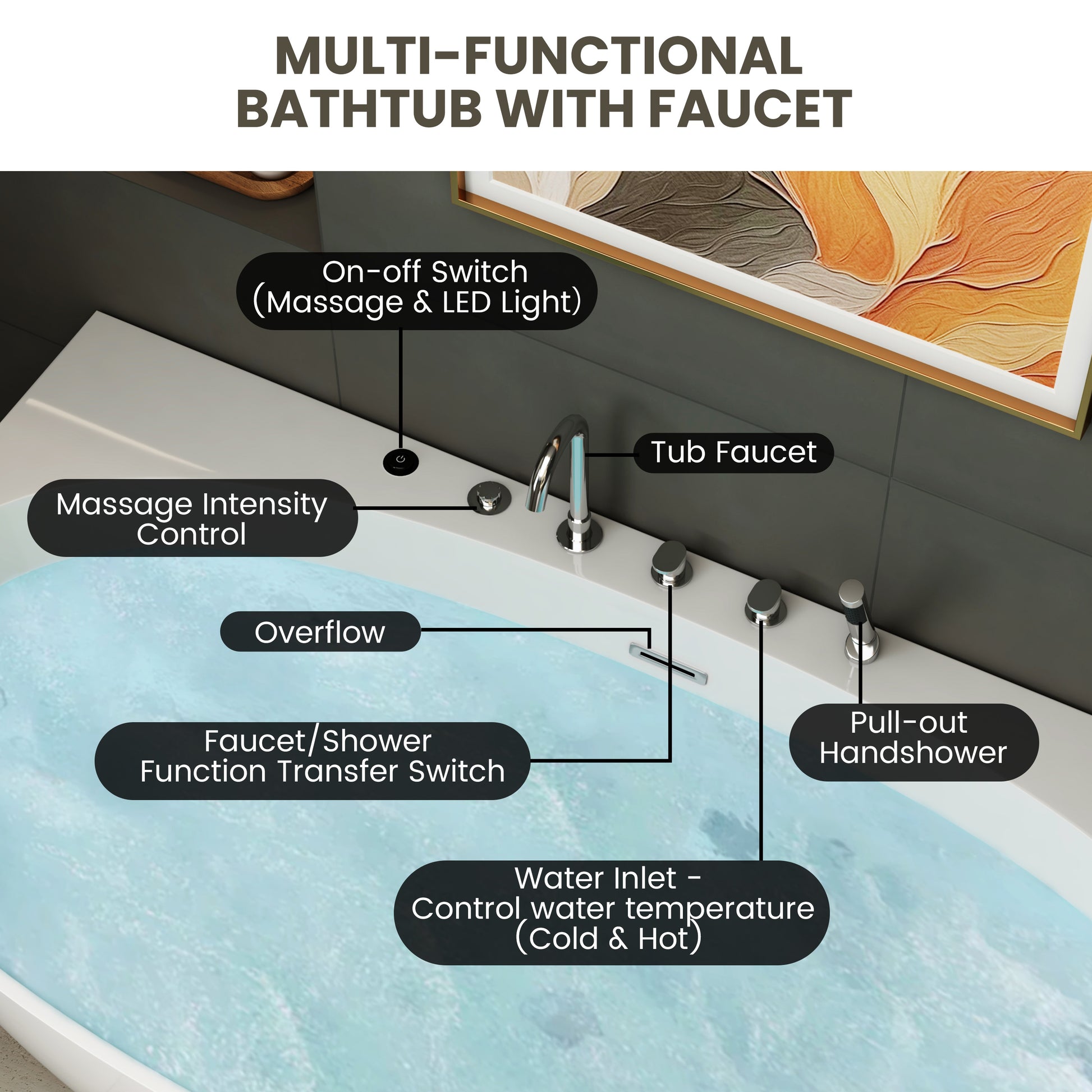 67" Freestanding Whirlpool Bathtub with 6 Hydro Jets & LED Mood Lighting