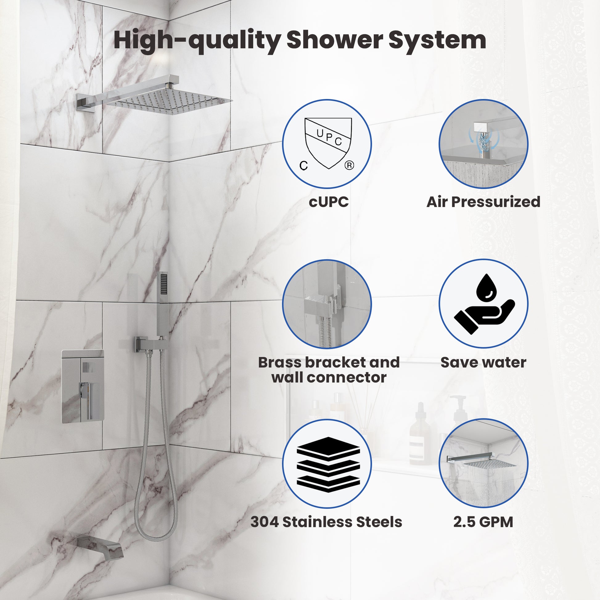 10" Three Function Pressure Balance Shower System with Valve Included
