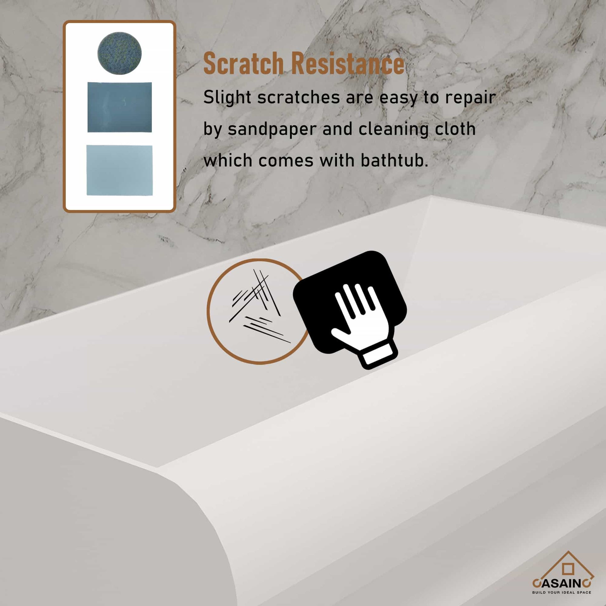 CASAINC 69 Inch Matte White Freestanding Solid Surface Bathtub with Si