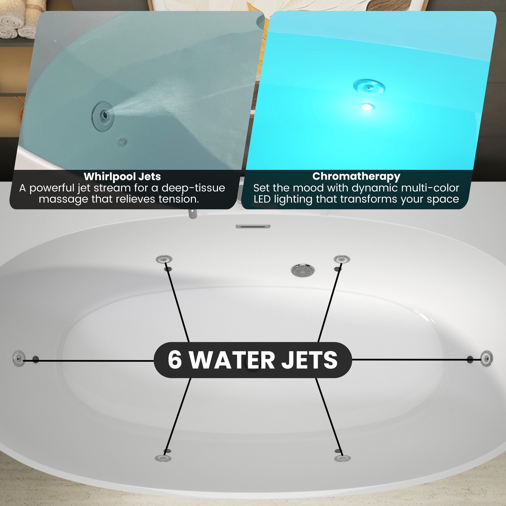 67" Freestanding Whirlpool Bathtub with 6 Hydro Jets & LED Mood Lighting