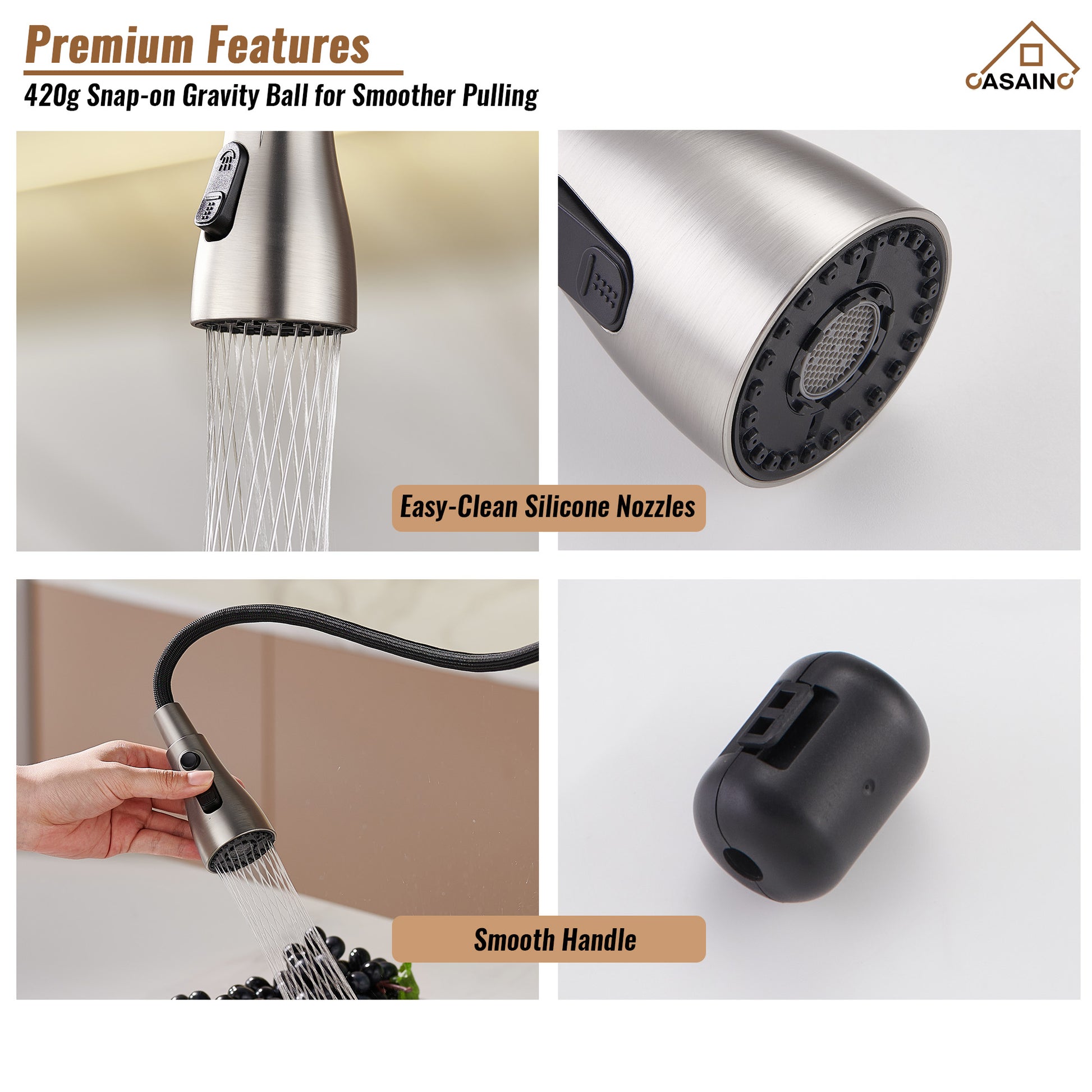  Pull-Down Sprayer Kitchen Faucet with 360° Swivel, Three Functions for Effortless Cooking and Cleaning