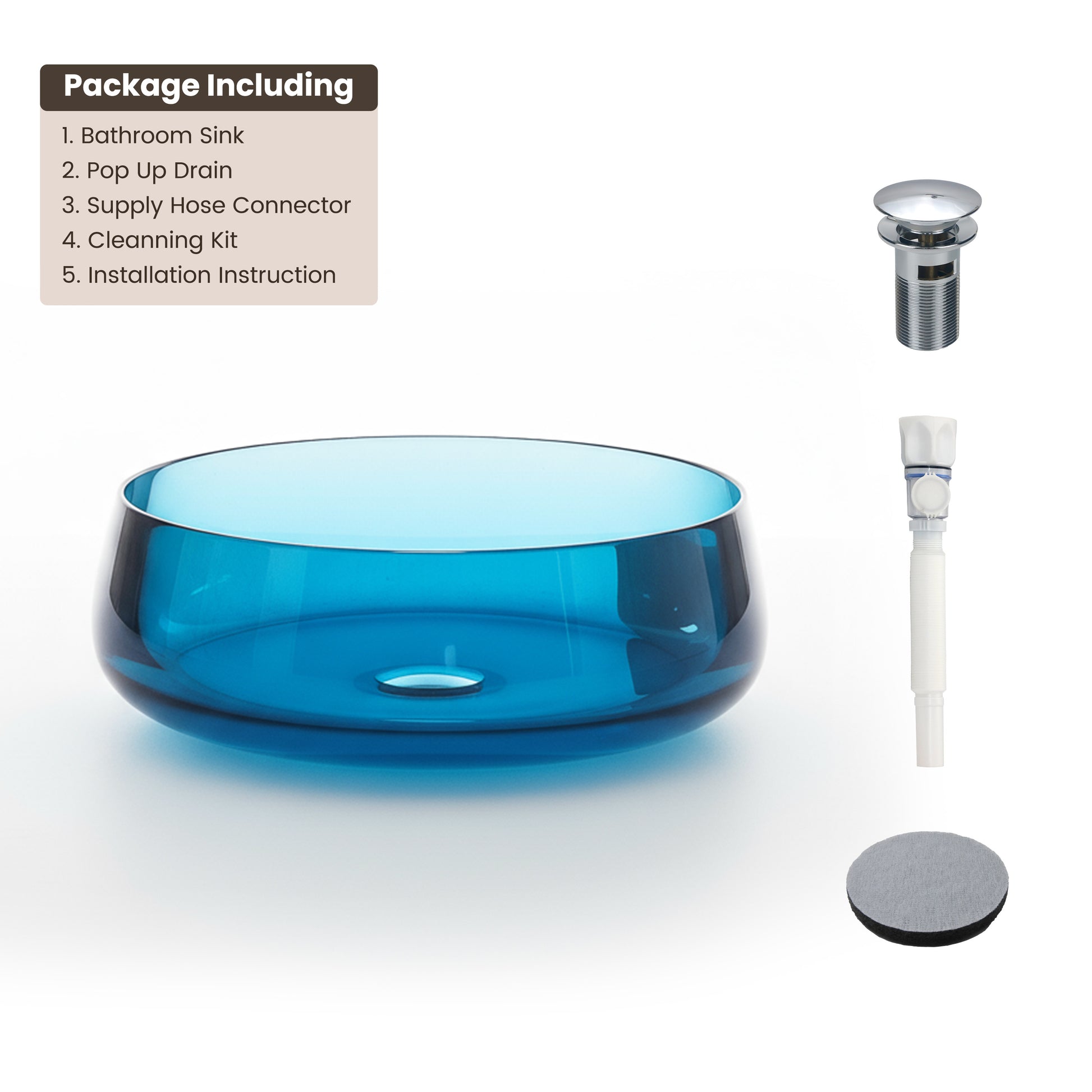 17.7" Round Transparent Resin Bathroom Vessel Sink with Drainer