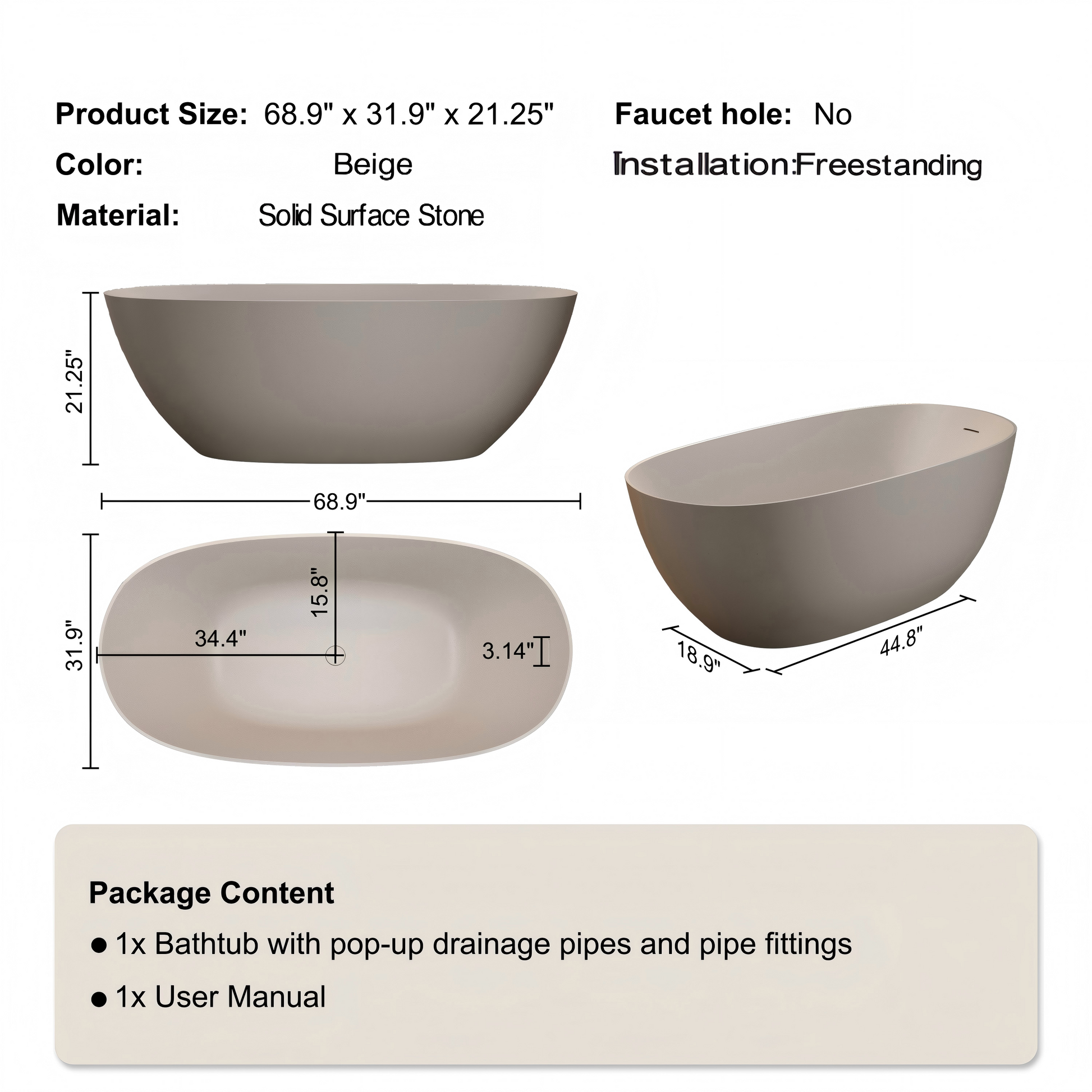 57"/61"/65"/69" Minimalist Solid Surface Freestanding Bathtub with One-Side Overflow in Beige