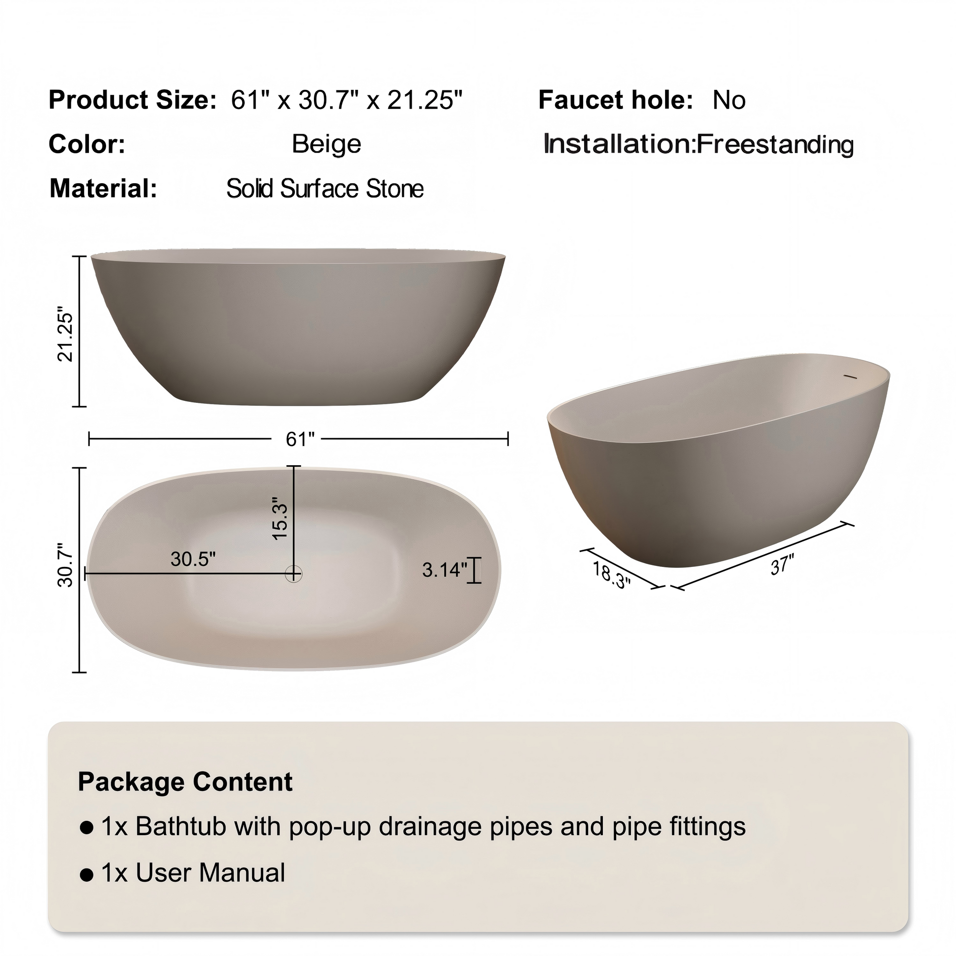 57"/61"/65"/69" Minimalist Solid Surface Freestanding Bathtub with One-Side Overflow in Beige
