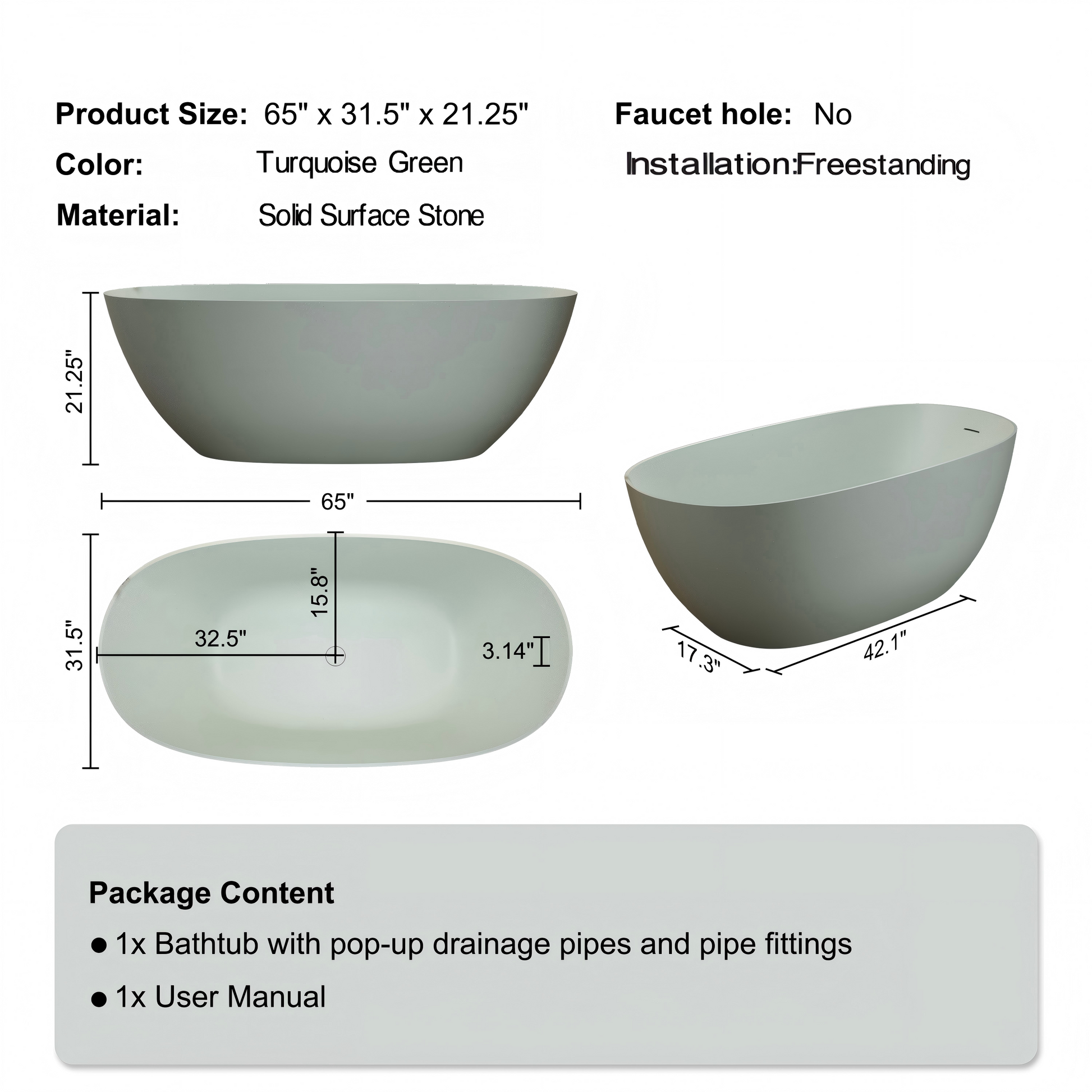 57"/61"/65"/69" Minimalist Solid Surface Freestanding Bathtub with One-Side Overflow in Turquoise Green