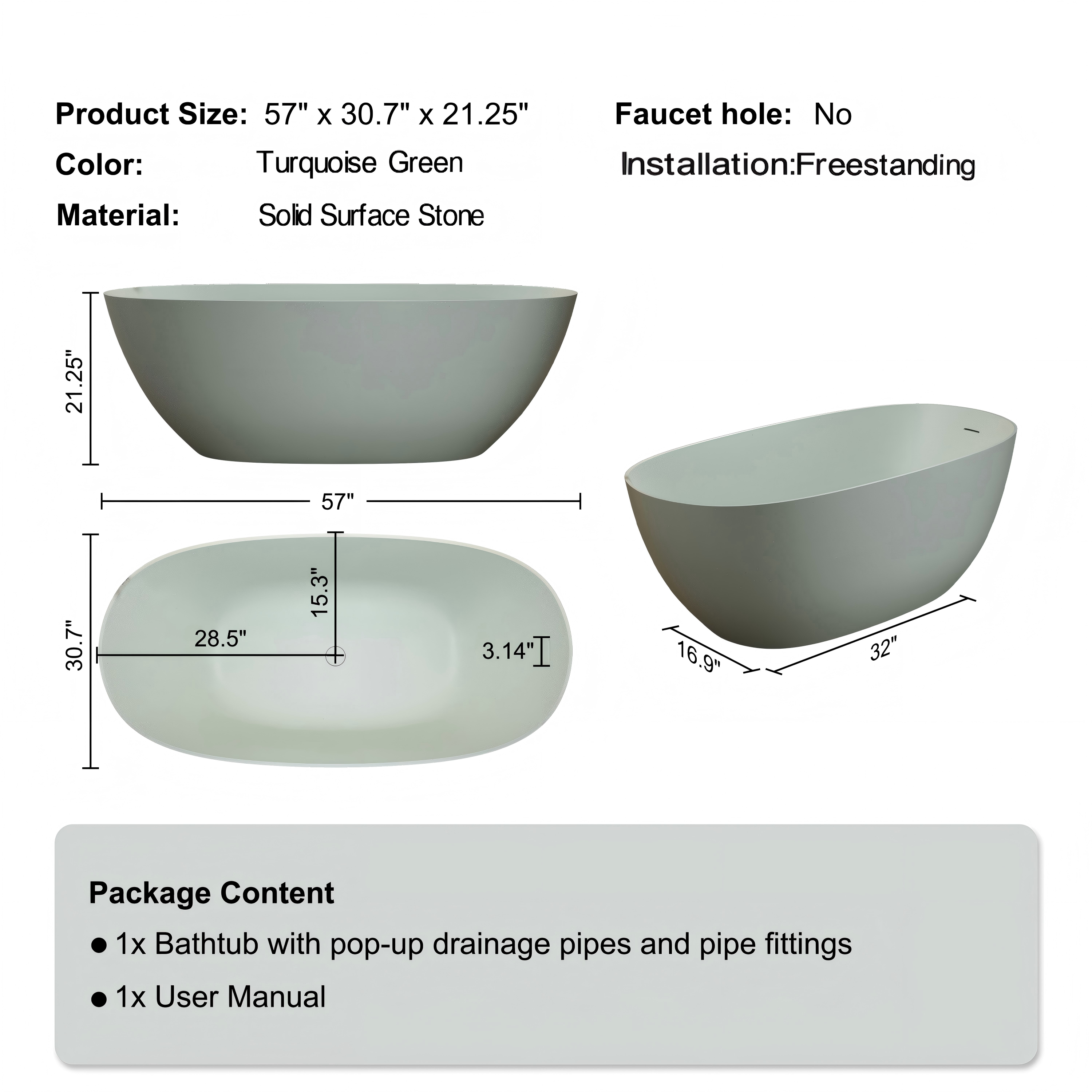 57"/61"/65"/69" Minimalist Solid Surface Freestanding Bathtub in Turquoise Green and Beige
