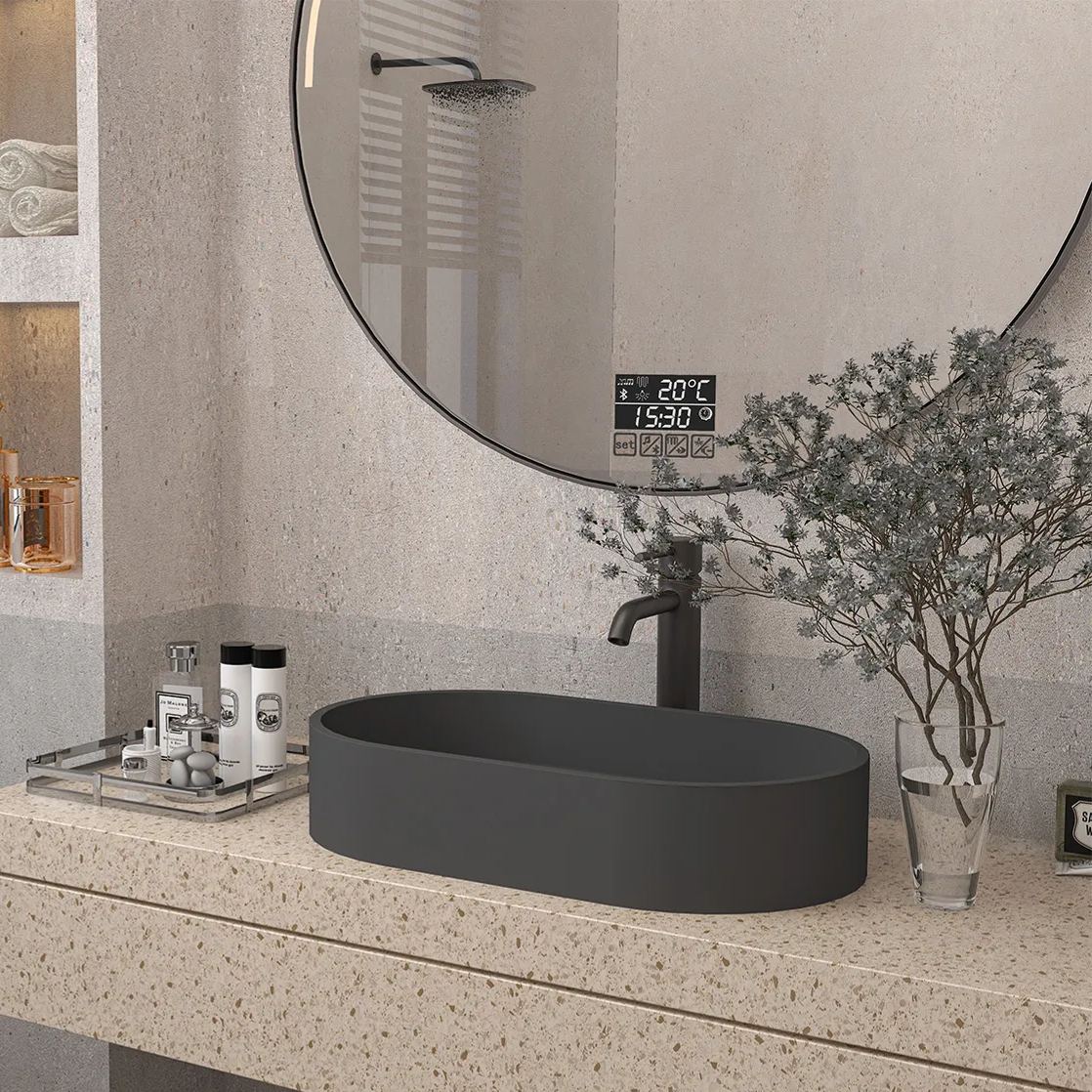 CASAINC 23in Bathroom Concrete Oval Vessel Sink with Drainer in Black Earth / Mottled Bluish Grey / Cold Concrete Grey
