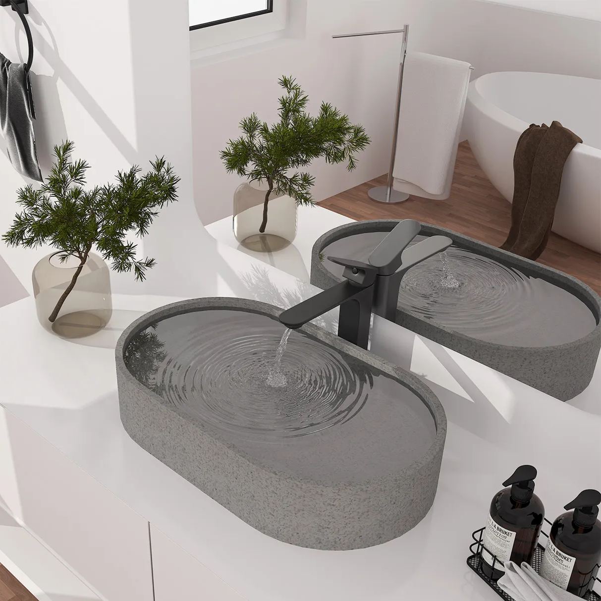 CASAINC 23in Bathroom Concrete Oval Vessel Sink with Drainer in Black Earth / Mottled Bluish Grey / Cold Concrete Grey