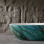 65” Freestanding Oval Solid Surface Soaking Bathtub in Emerald-Green with Center Drain & Overflow