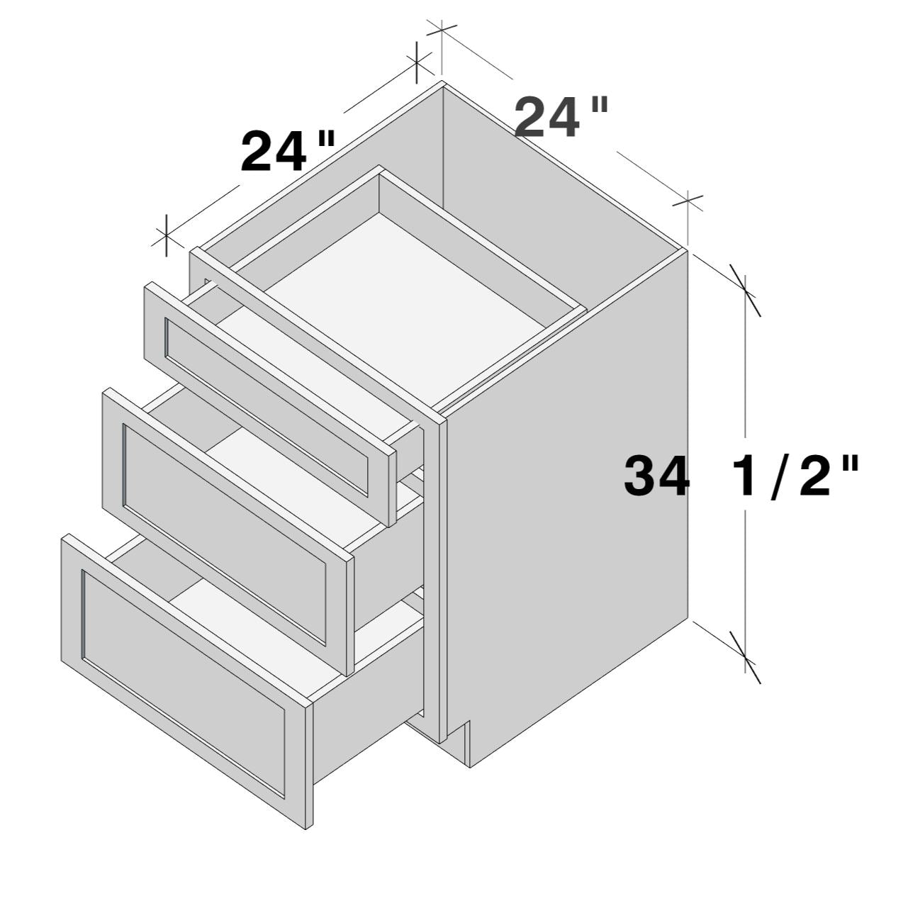 White Shaker RTA 24"W x 24"D x 34.5"H Base Cabinet with 3 Drawers