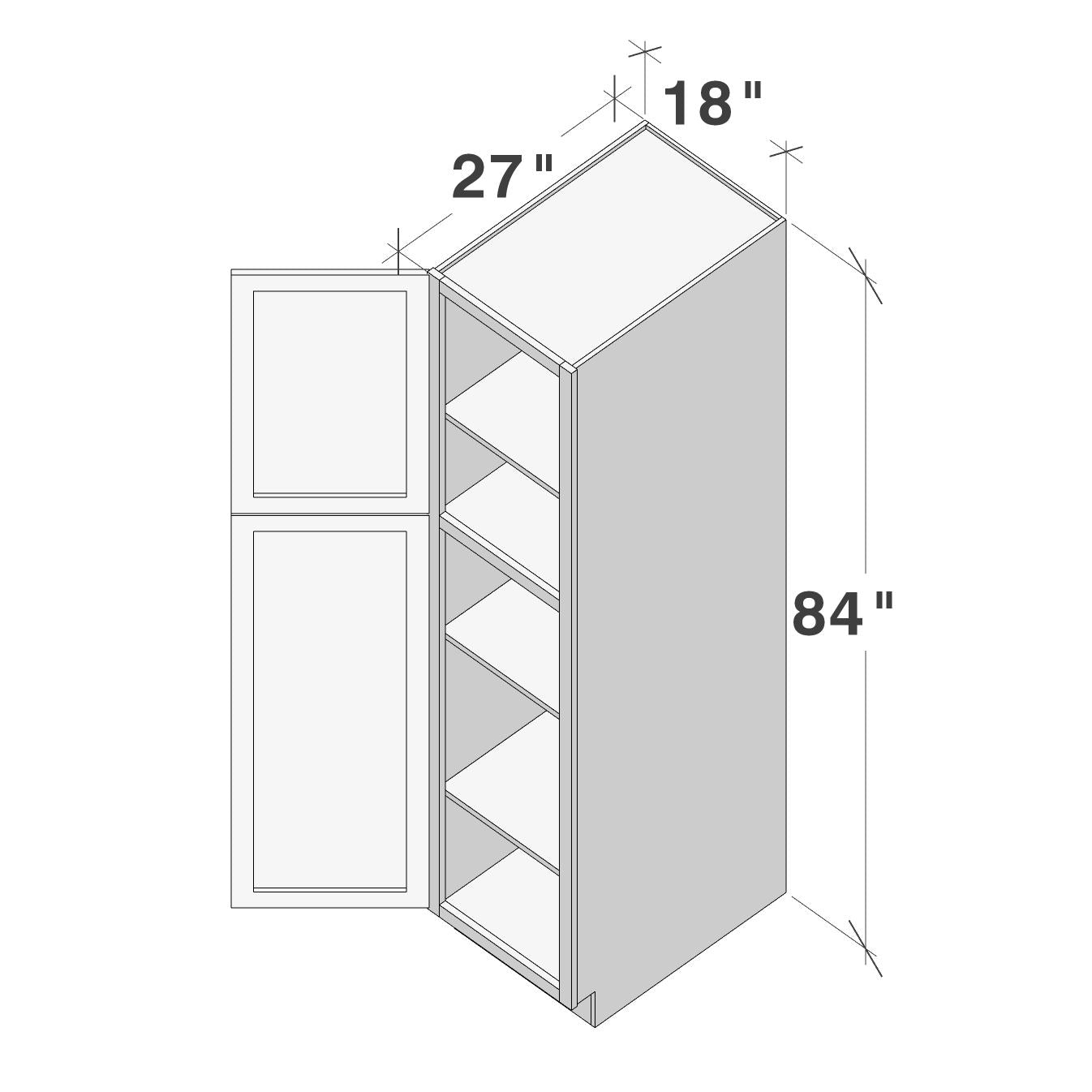 Dove Grey RTA 18"W x 27"D x 84"H Tall Pantry Cabinet with 2 Doors and 3 Shelves
