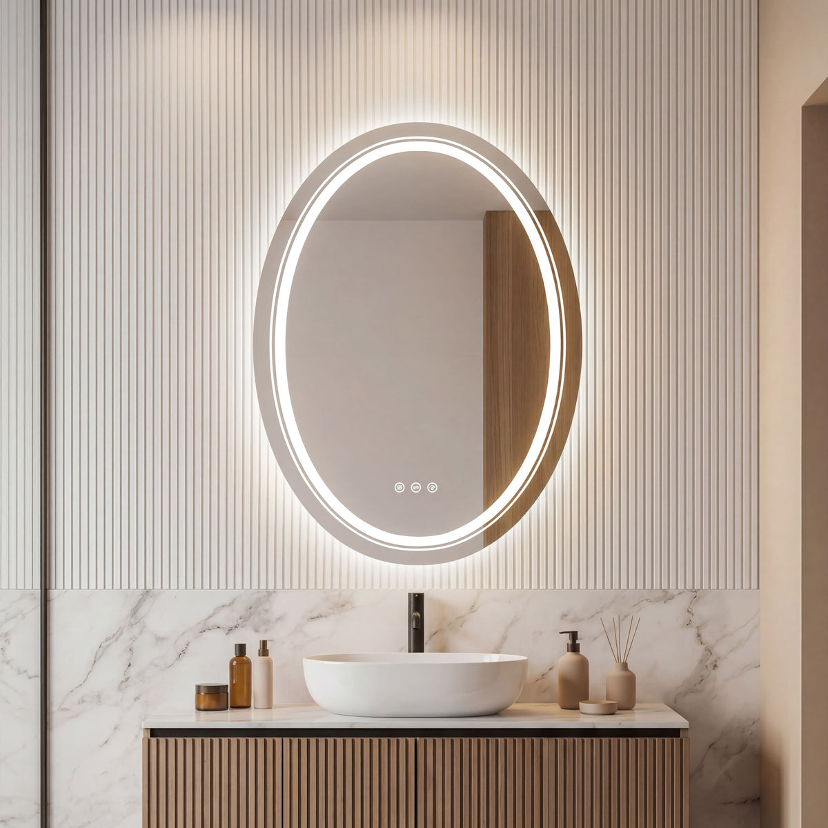 Oval Dual LED Bathroom Mirror with Front and Backlit Ambient Lighting