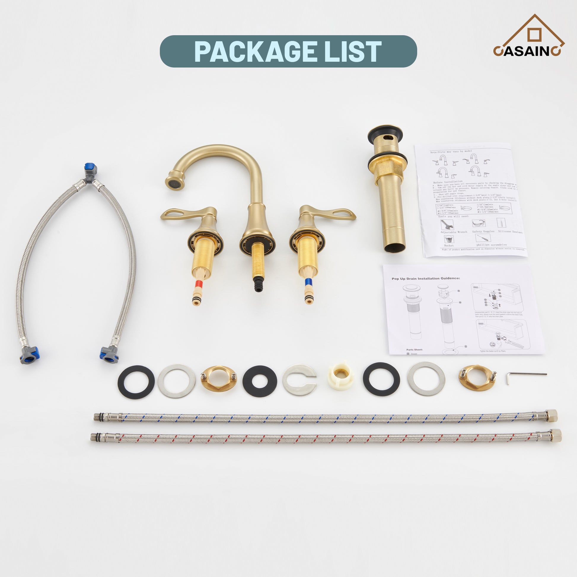 Casainc 8" Brass Bathroom Sink Faucet 3 Hole Gold Bathroom Faucet  2 Handle Gold Faucet for Bathroom Sink with Pop-up Drain Assembly Widespread Vanity Faucets