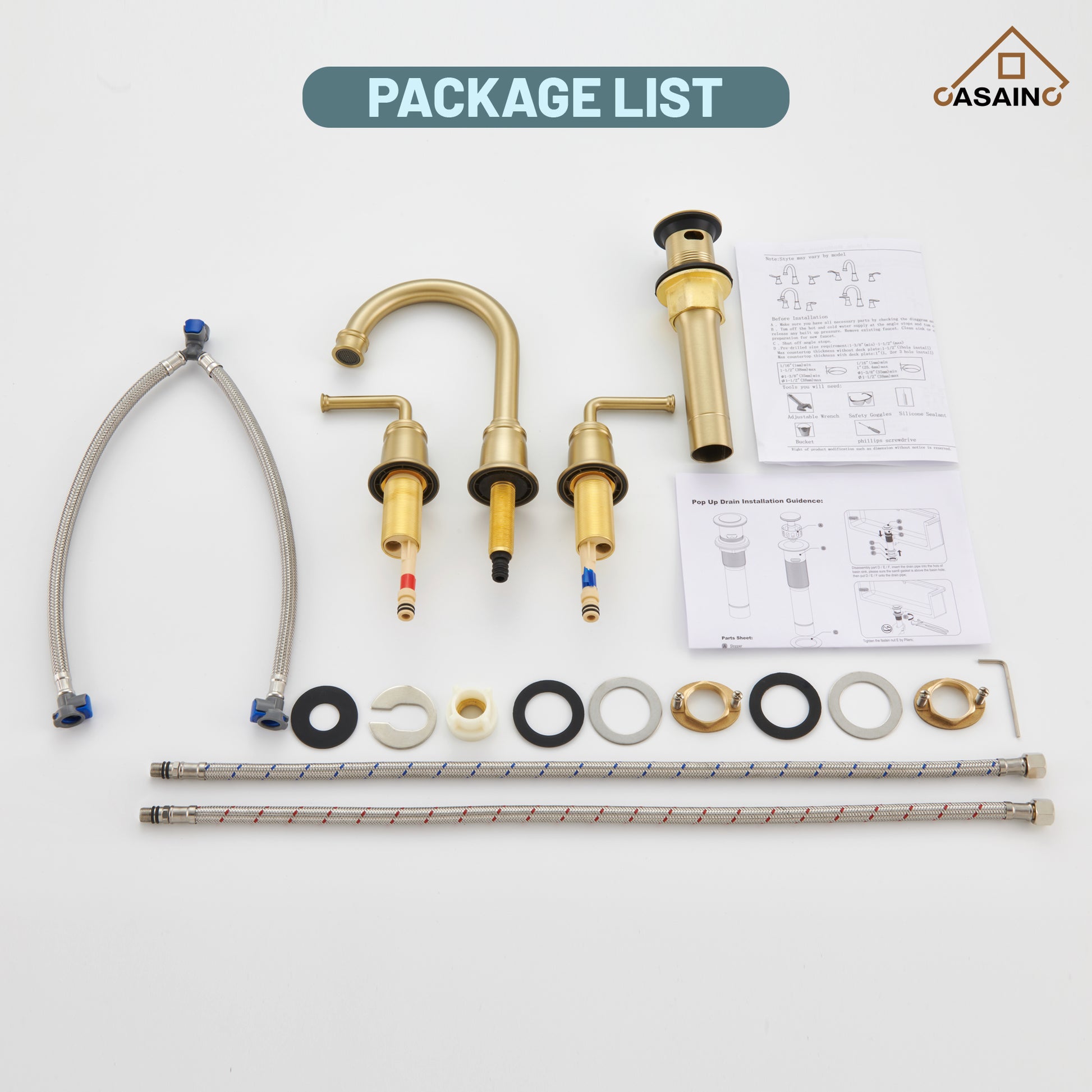 Casainc 8" Brass Bathroom Sink Faucet 2 Handle 3 Hole Gold Bathroom Faucet for Bathroom Sink with Pop-up Drain Assembly Widespread Vanity Faucets