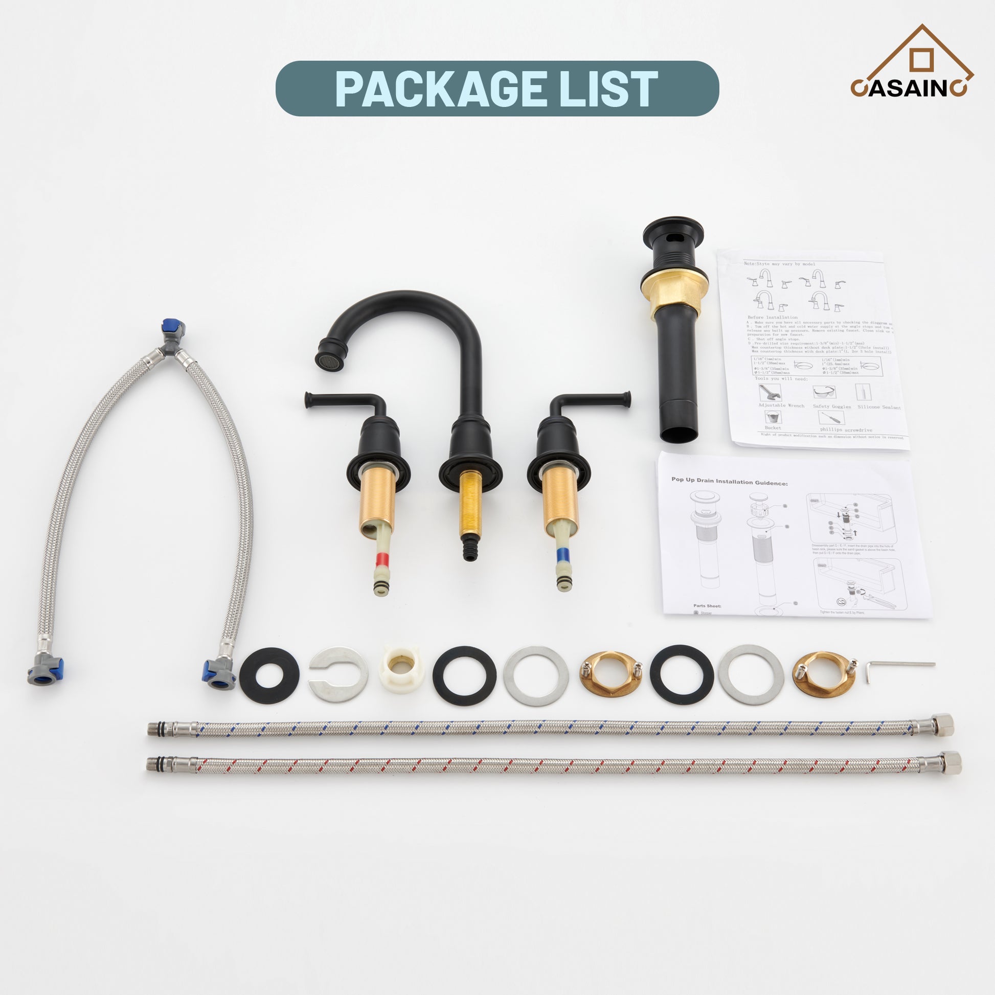 Casainc 8" Brass Bathroom Sink Faucet 2 Handle 3 Hole Gold Bathroom Faucet for Bathroom Sink with Pop-up Drain Assembly Widespread Vanity Faucets