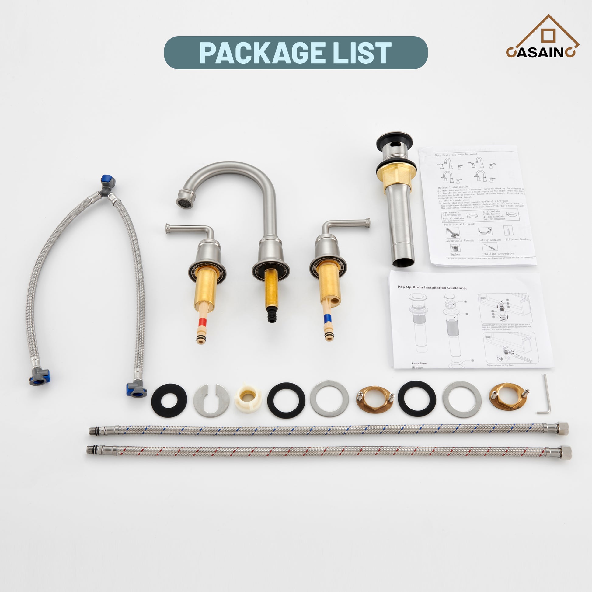 Casainc 8" Brass Bathroom Sink Faucet 2 Handle 3 Hole Gold Bathroom Faucet for Bathroom Sink with Pop-up Drain Assembly Widespread Vanity Faucets