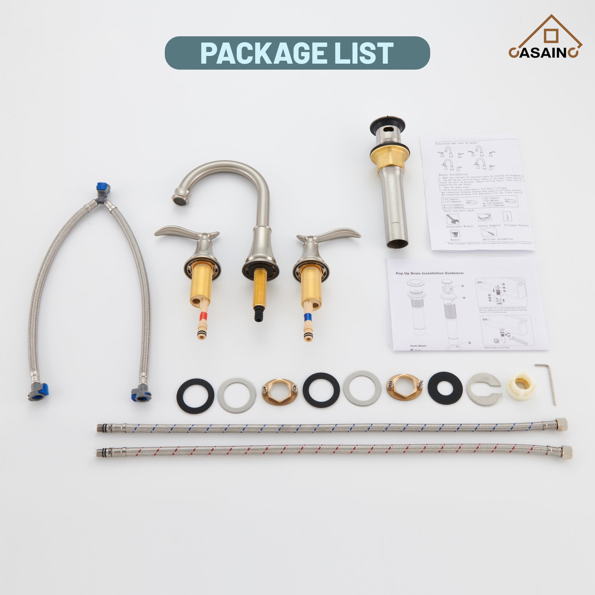 Casainc 8" Brass Bathroom Sink Faucet 2 Handle 3 Hole Gold Bathroom Faucet for Bathroom Sink with Pop-up Drain Assembly Widespread Vanity Faucets 360° Swivel Spout