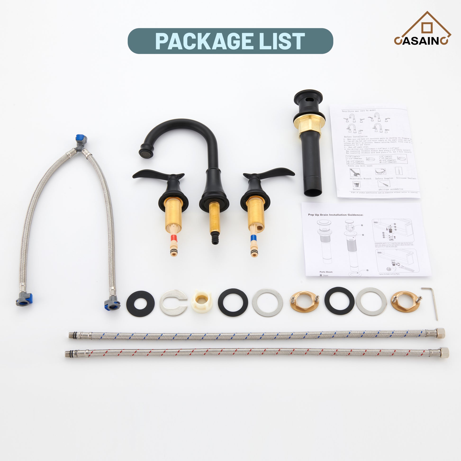 Casainc 8" Brass Bathroom Sink Faucet 2 Handle 3 Hole Gold Bathroom Faucet for Bathroom Sink with Pop-up Drain Assembly Widespread Vanity Faucets 360° Swivel Spout