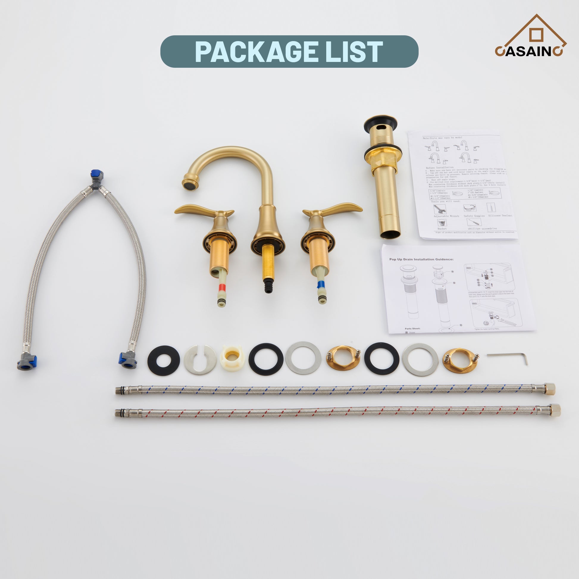 Casainc 8" Brass Bathroom Sink Faucet 2 Handle 3 Hole Gold Bathroom Faucet for Bathroom Sink with Pop-up Drain Assembly Widespread Vanity Faucets 360° Swivel Spout