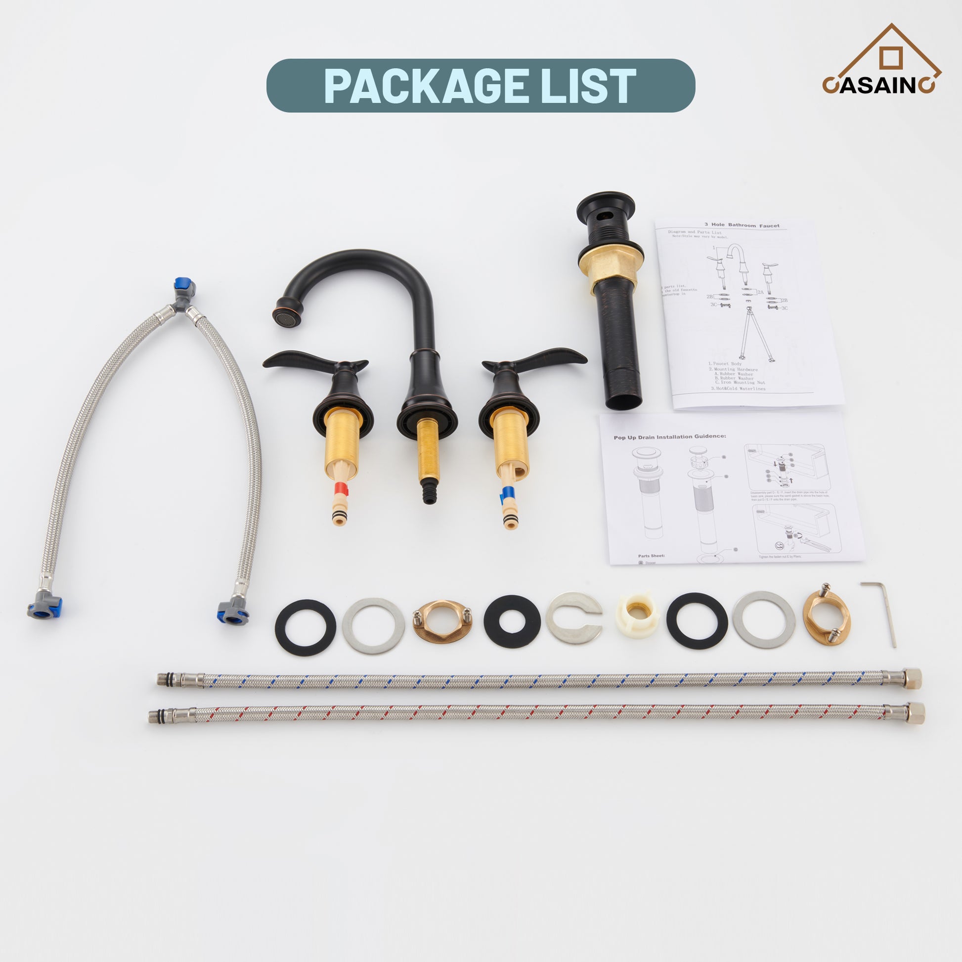 Casainc 8" Brass Bathroom Sink Faucet 2 Handle 3 Hole Gold Bathroom Faucet for Bathroom Sink with Pop-up Drain Assembly Widespread Vanity Faucets 360° Swivel Spout