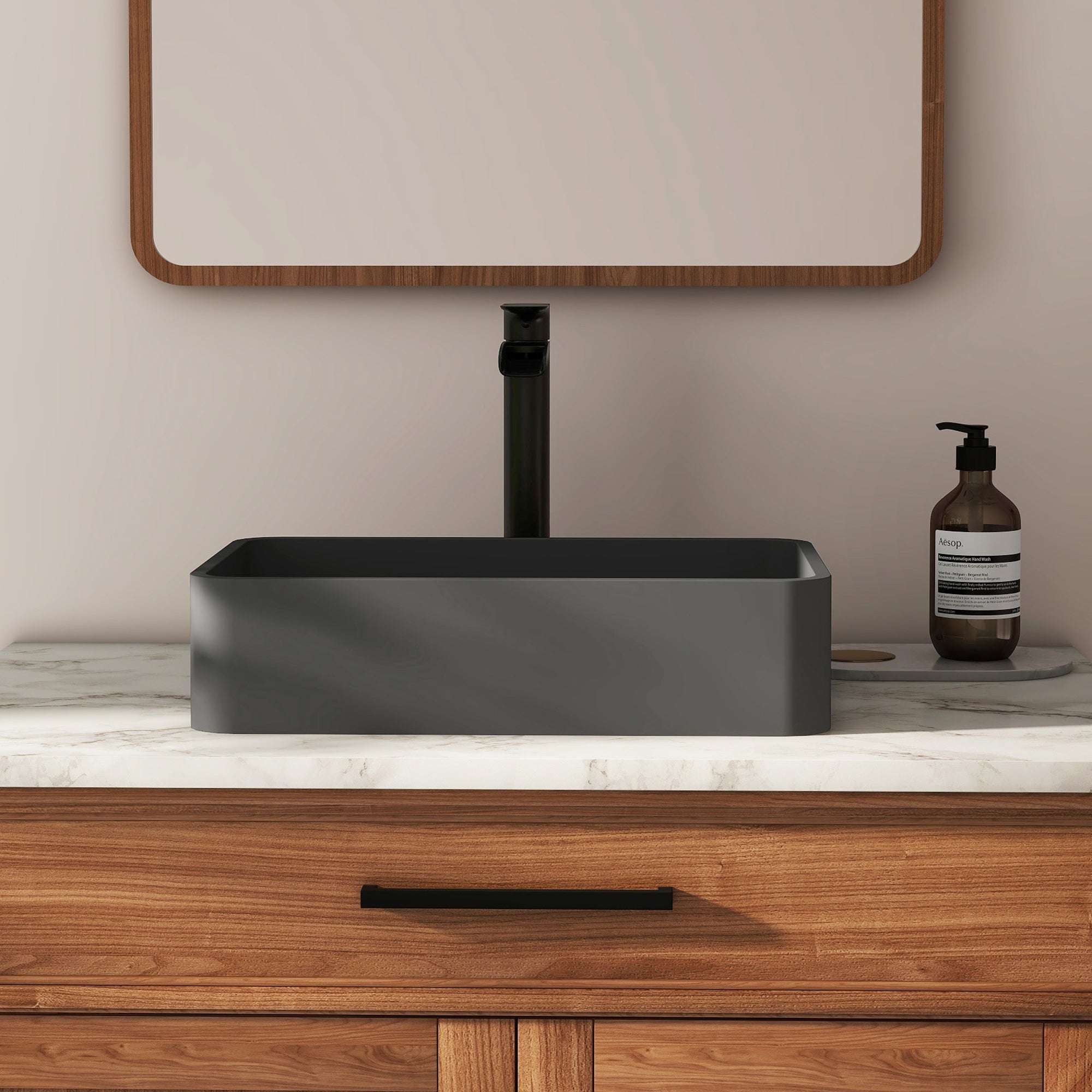 19in Bathroom Concrete Rectangular Vessel Sink with Drainer in Black Earth / Blue Ashes / Taupe Clay