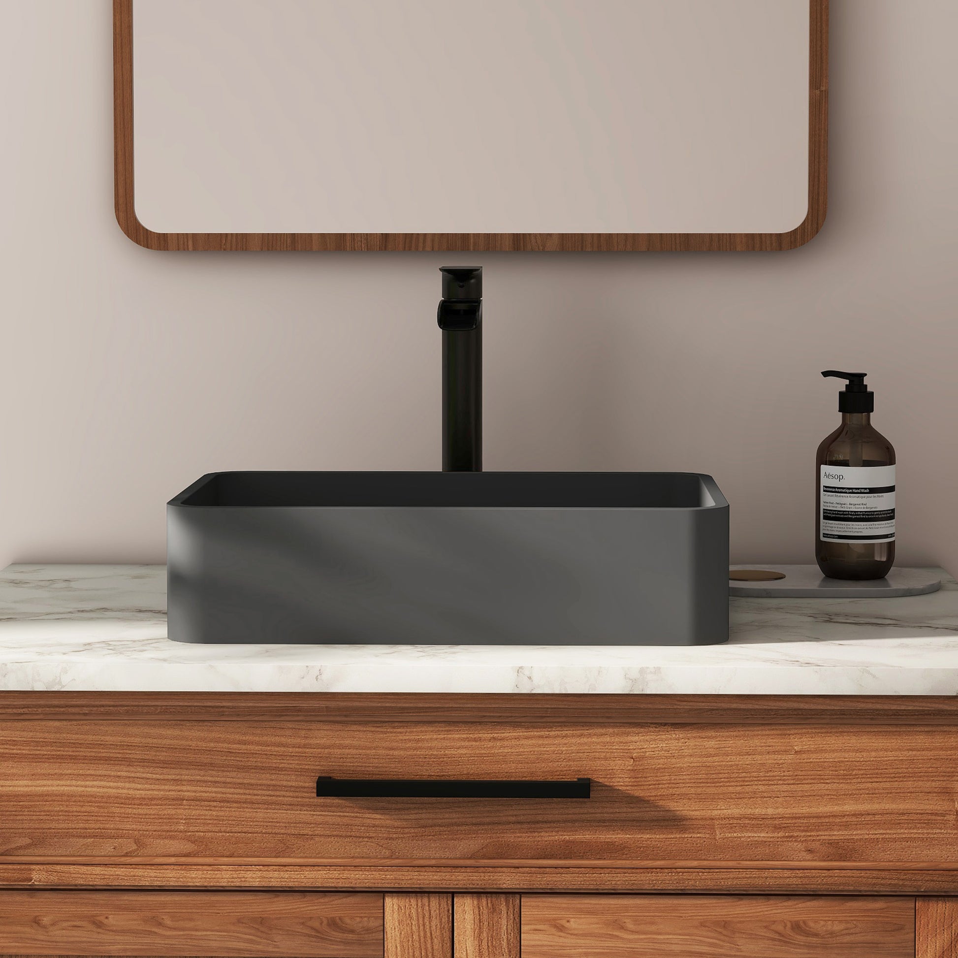 19in Bathroom Concrete Rectangular Vessel Sink with Drainer in Black Earth / Blue Ashes / Taupe Clay