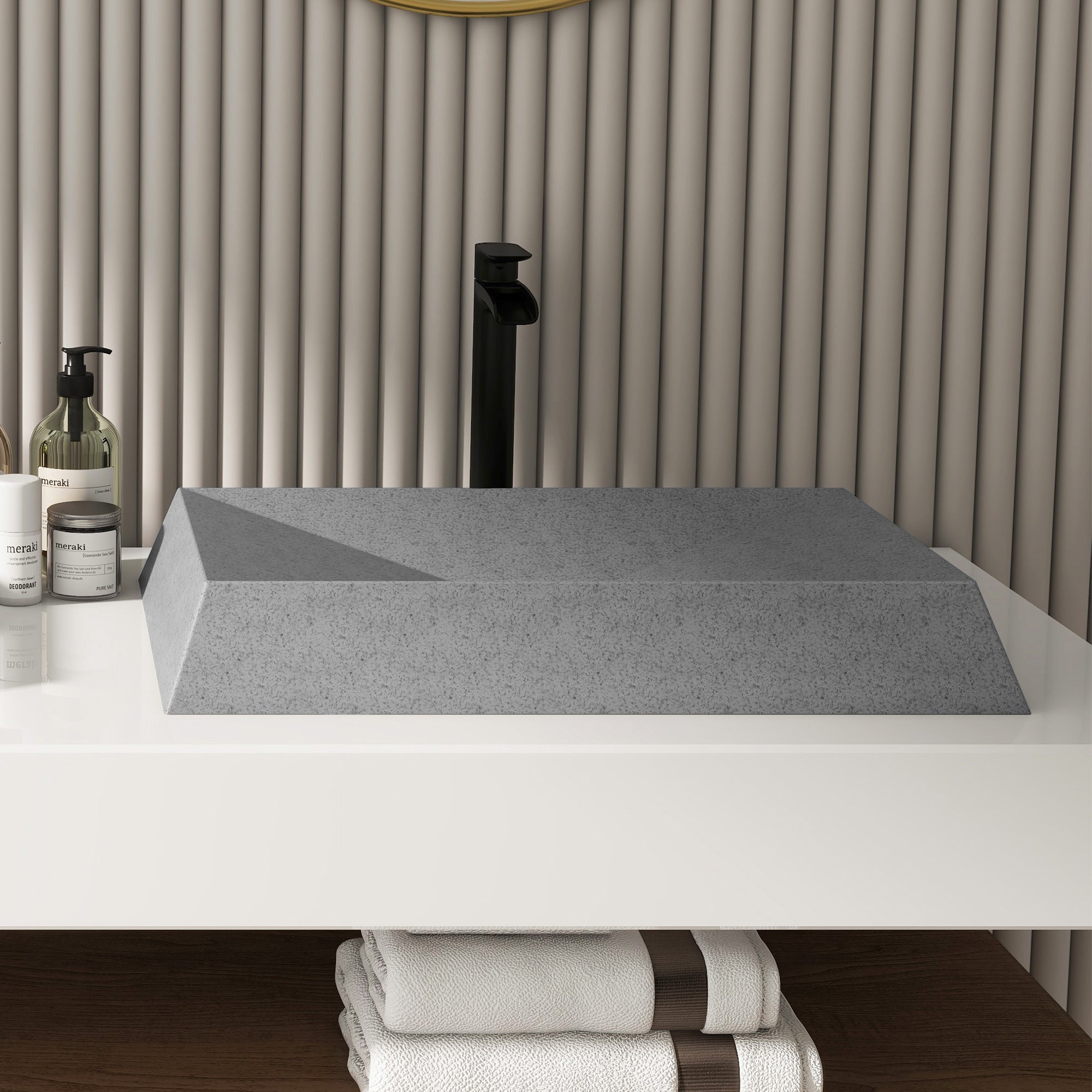 27in Bathroom Concrete Rectangular Vessel Sink with Drainer in Mottled Bluish Grey / Black Earth / Taupe Clay